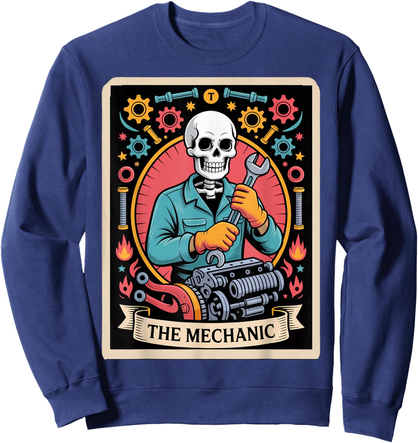 Skeleton Mechanic Tarot Card– Funny Auto Repair Sweatshirt - Sweatshirt | Navy