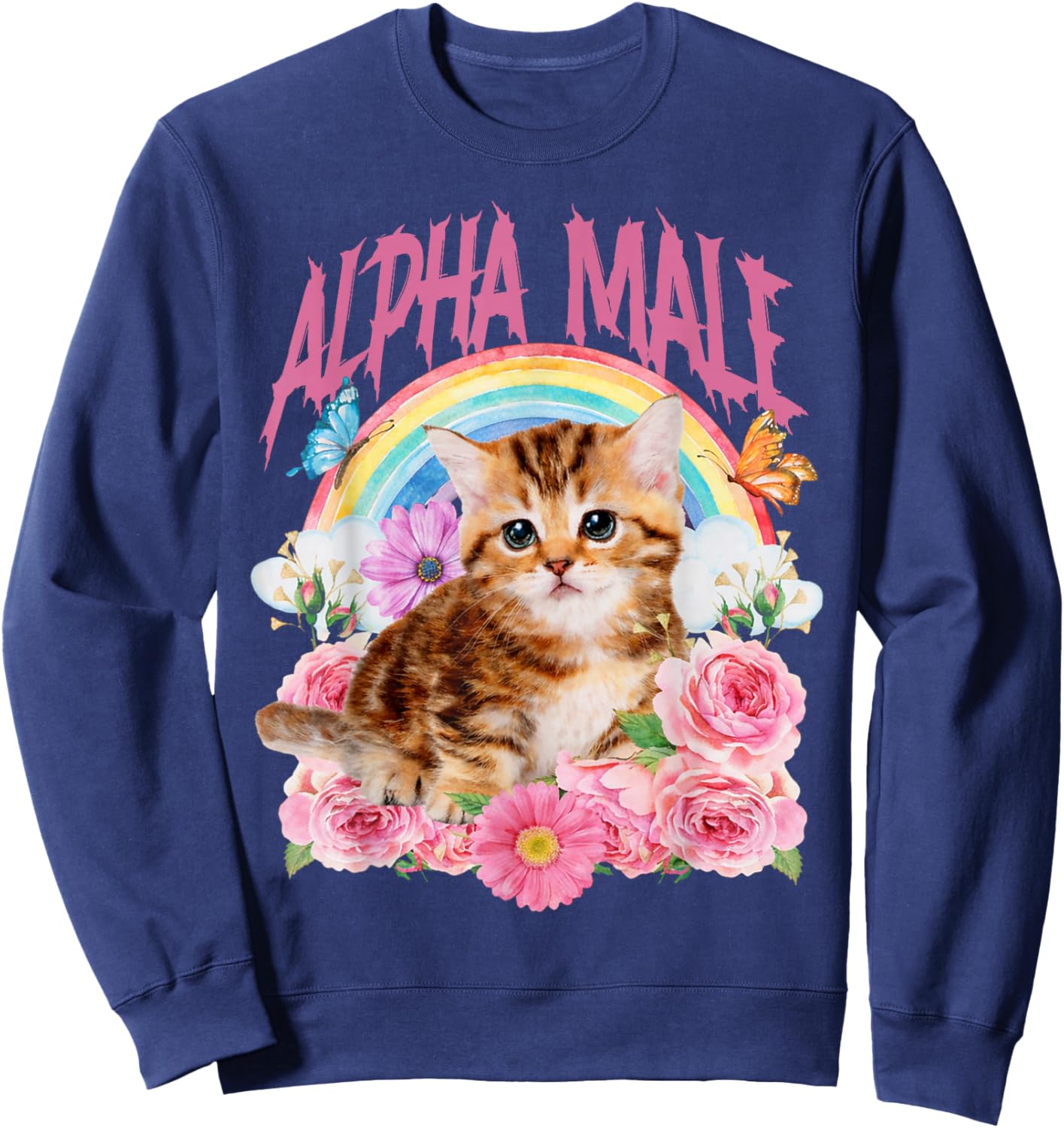 Alpha Male Funny Cat Kitten Rainbow Floral Sweatshirt - Sweatshirt | Navy