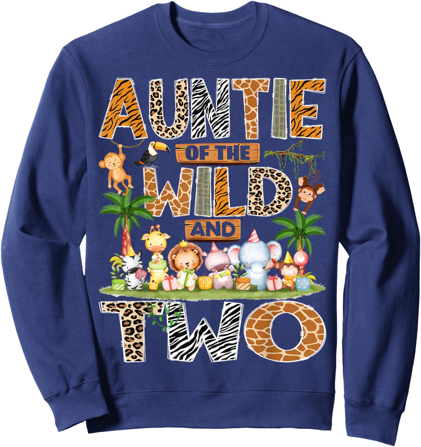 Auntie of The Wild & Two 2nd Birthday Boy Safari Jungle Sweatshirt - Sweatshirt | Navy