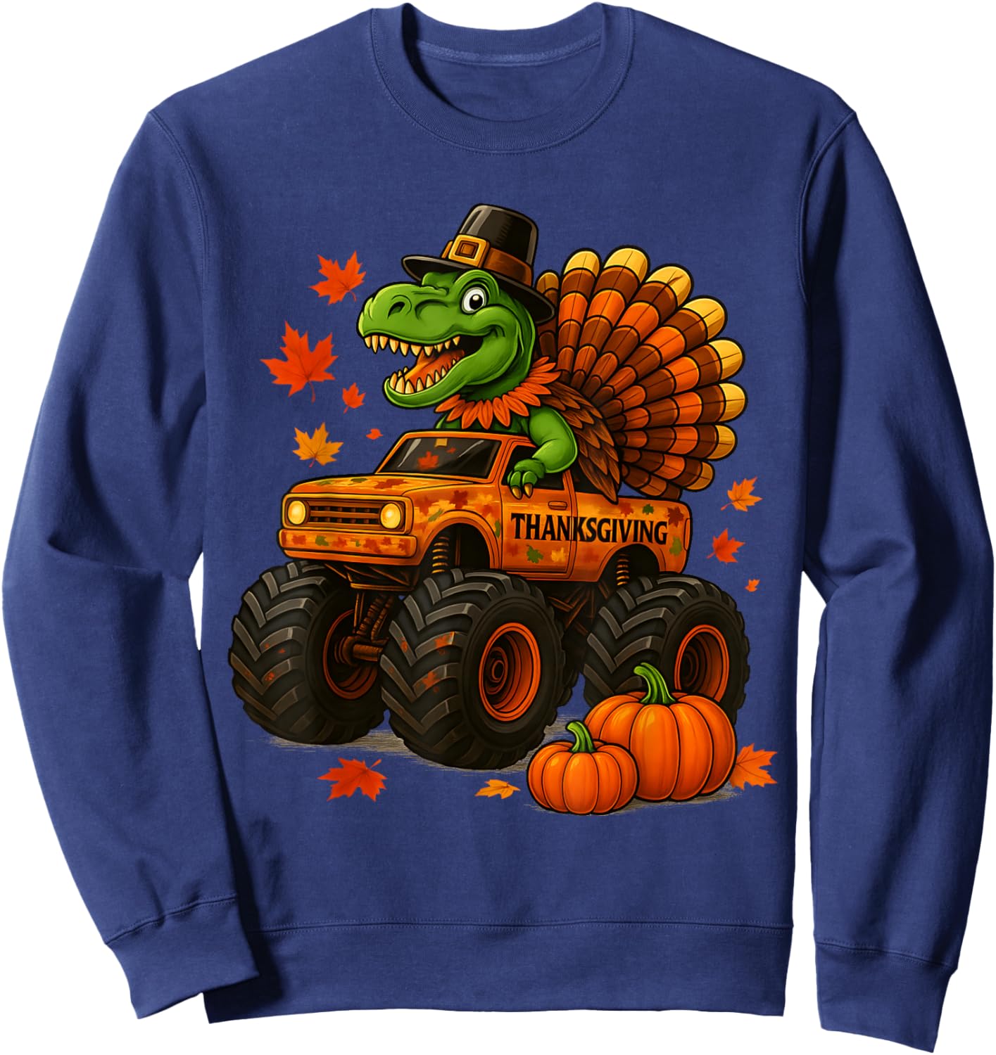Monster Truck Trex Dinosaur Turkey Fall Thanksgiving Boy Kid Sweatshirt - Sweatshirt | Navy