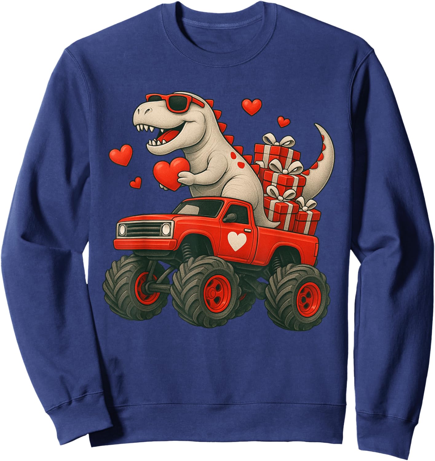Valentines Day T Rex Riding Monster Truck Funny Toddler Boys Sweatshirt - Sweatshirt | Navy