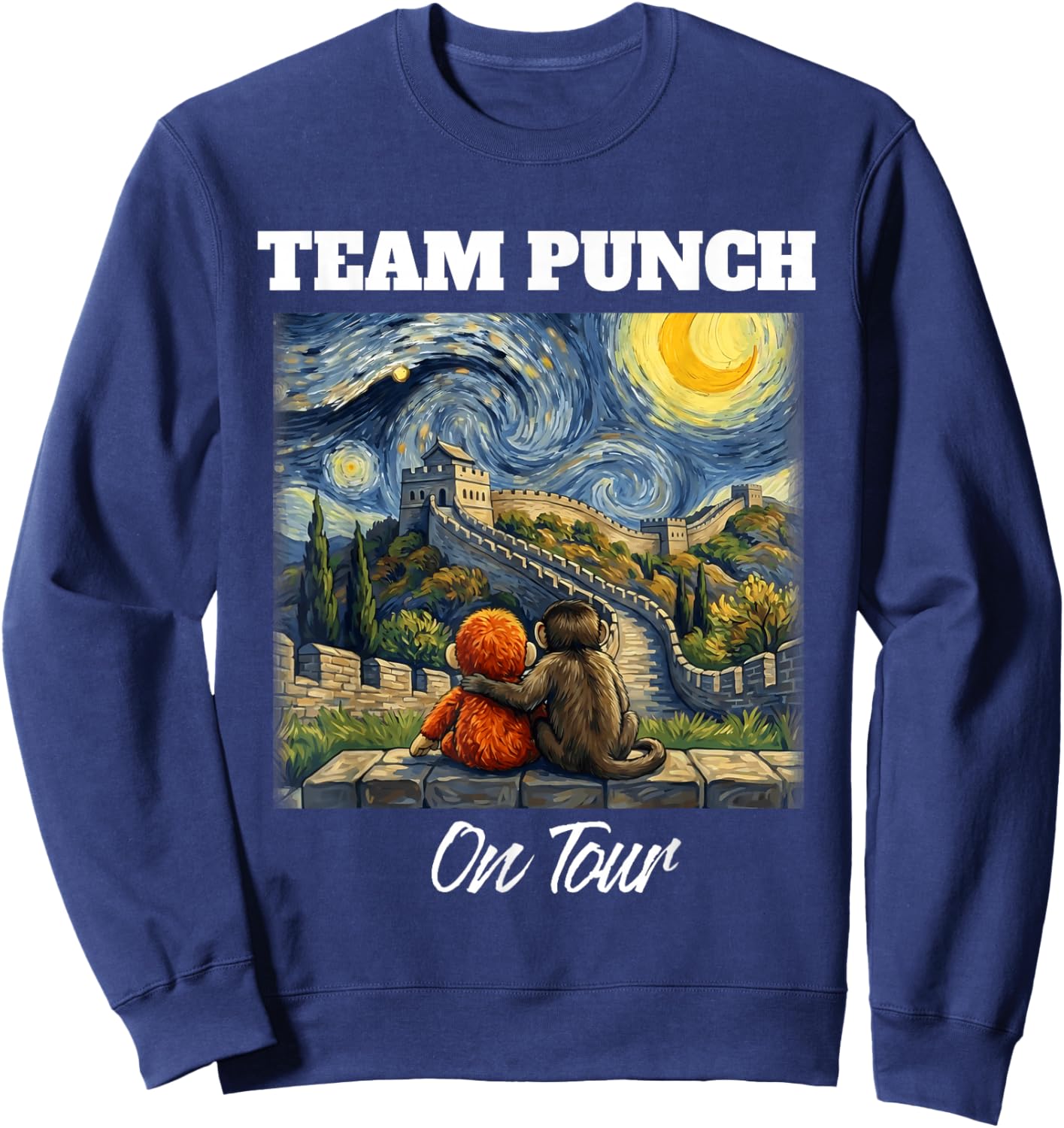 Team Punch on Tour Great Wall of China Funny Punch Monkey Sweatshirt - Sweatshirt | Navy