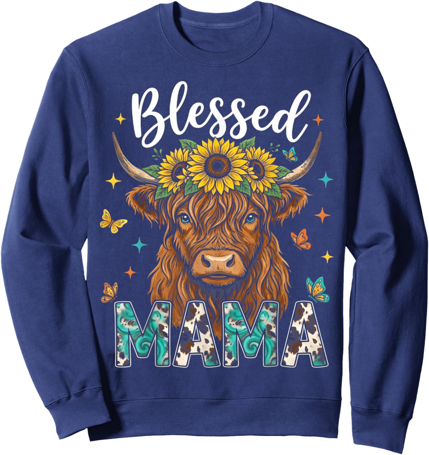 Mothers Day Blessed Mama Highland Cow Sunflowers Country Mom Sweatshirt - Sweatshirt | Navy