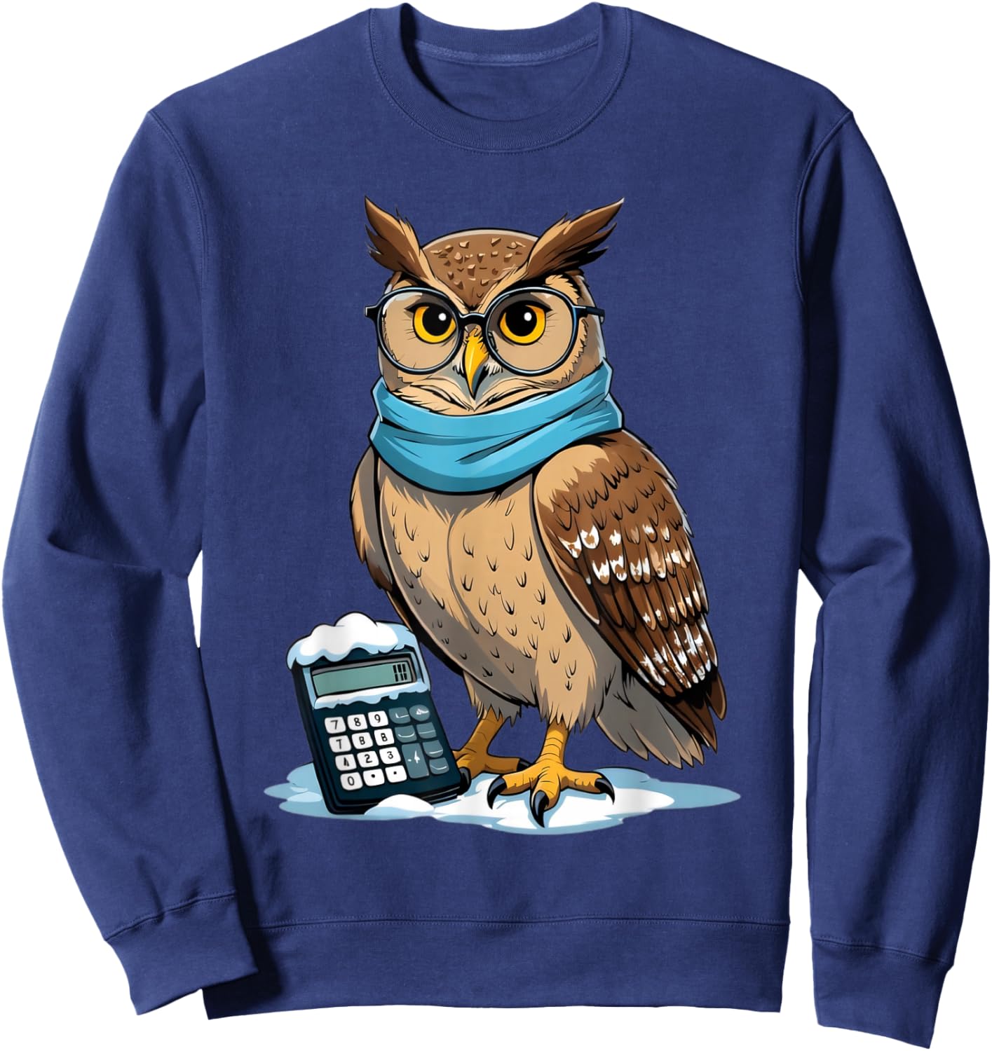 Cartoon Owl with Glasses and Calculator in Snow Sweatshirt - Sweatshirt | Navy
