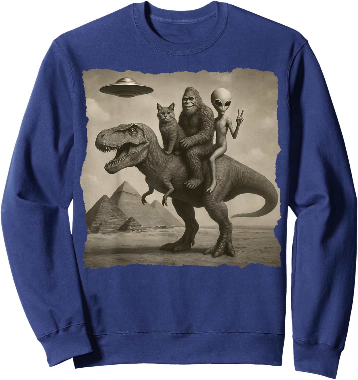 Cat with Alien and Bigfoot Riding a T-Rex at Giza Pyramids Sweatshirt - Sweatshirt | Navy