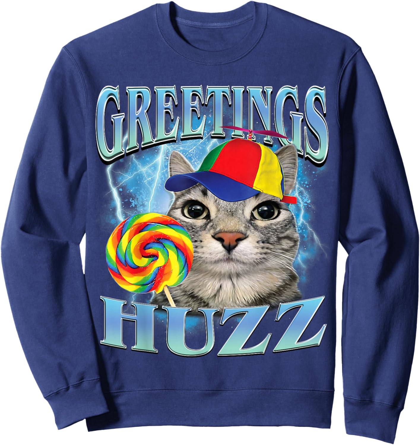 Greetings Huzz Funny Lollipop Cat Meme Sweatshirt - Sweatshirt | Navy