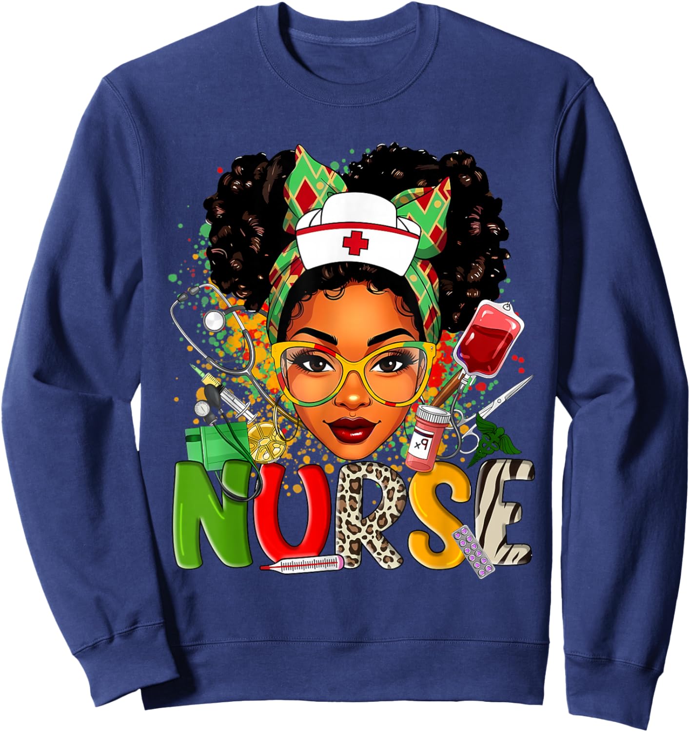 African American Nurse Messy Bun Hair Black History Month Sweatshirt - Sweatshirt | Navy