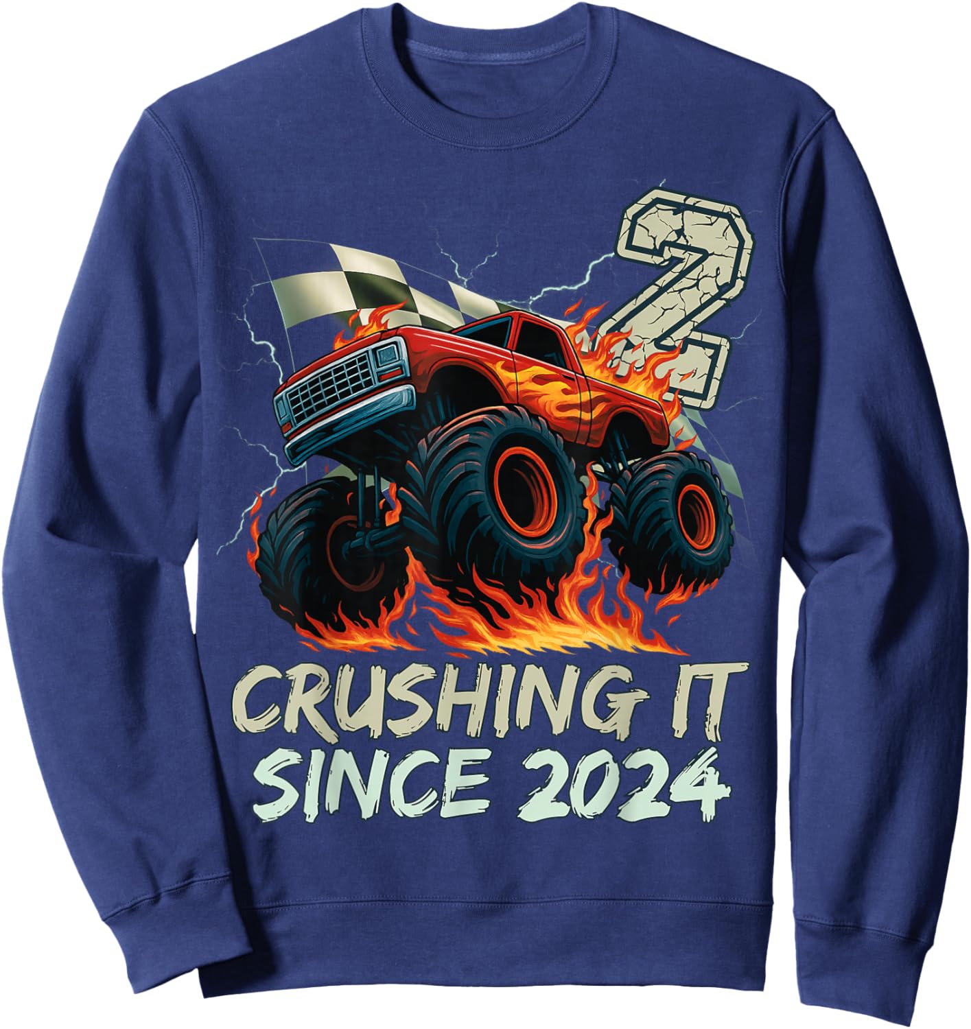 Birthday Monster Truck 2 Year Old Boys 2nd Party Born 2024 Sweatshirt - Sweatshirt | Navy
