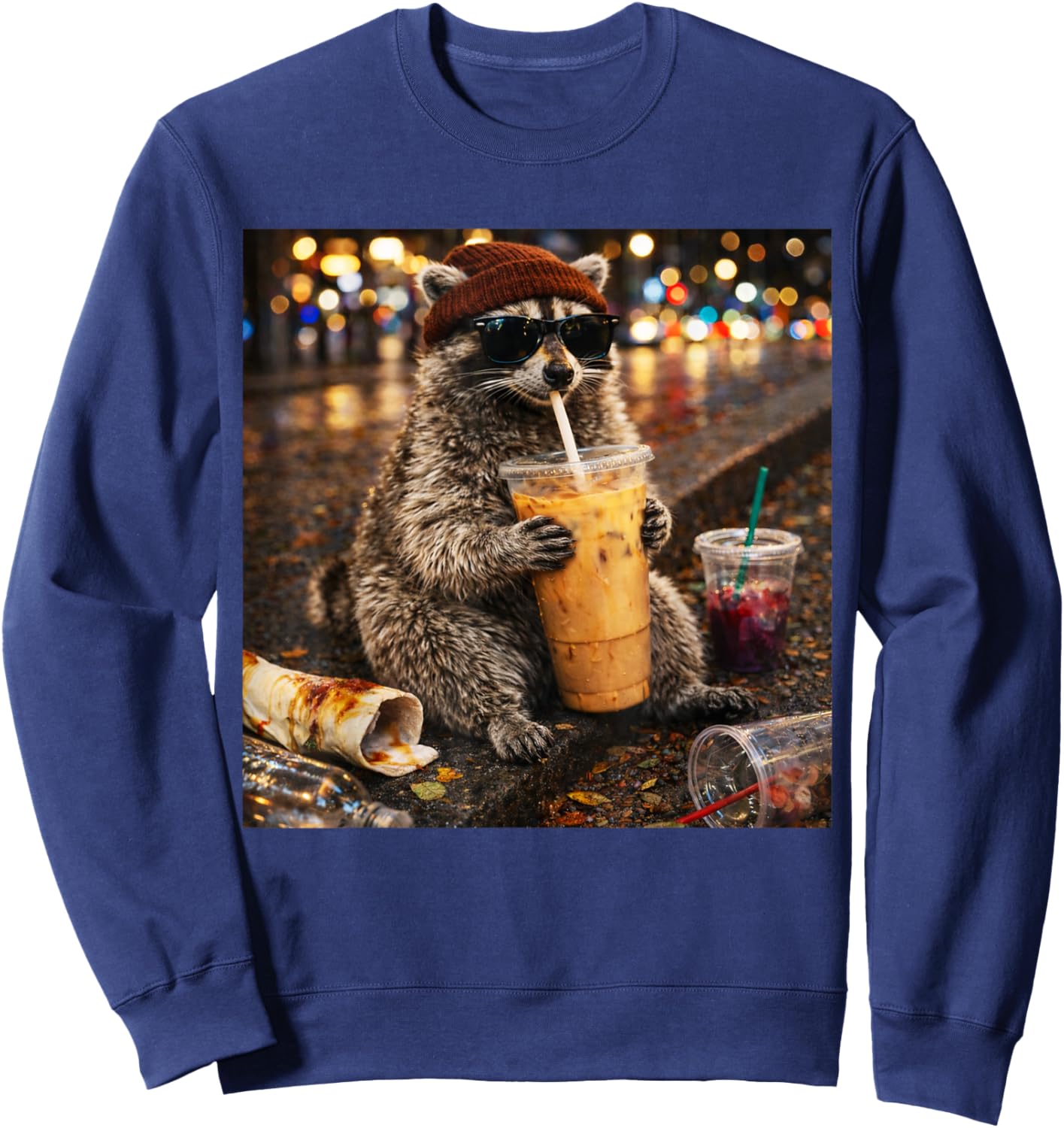 Raccoon Drinking Iced Coffee Funny Animal Meme Men Women Sweatshirt - Sweatshirt | Navy