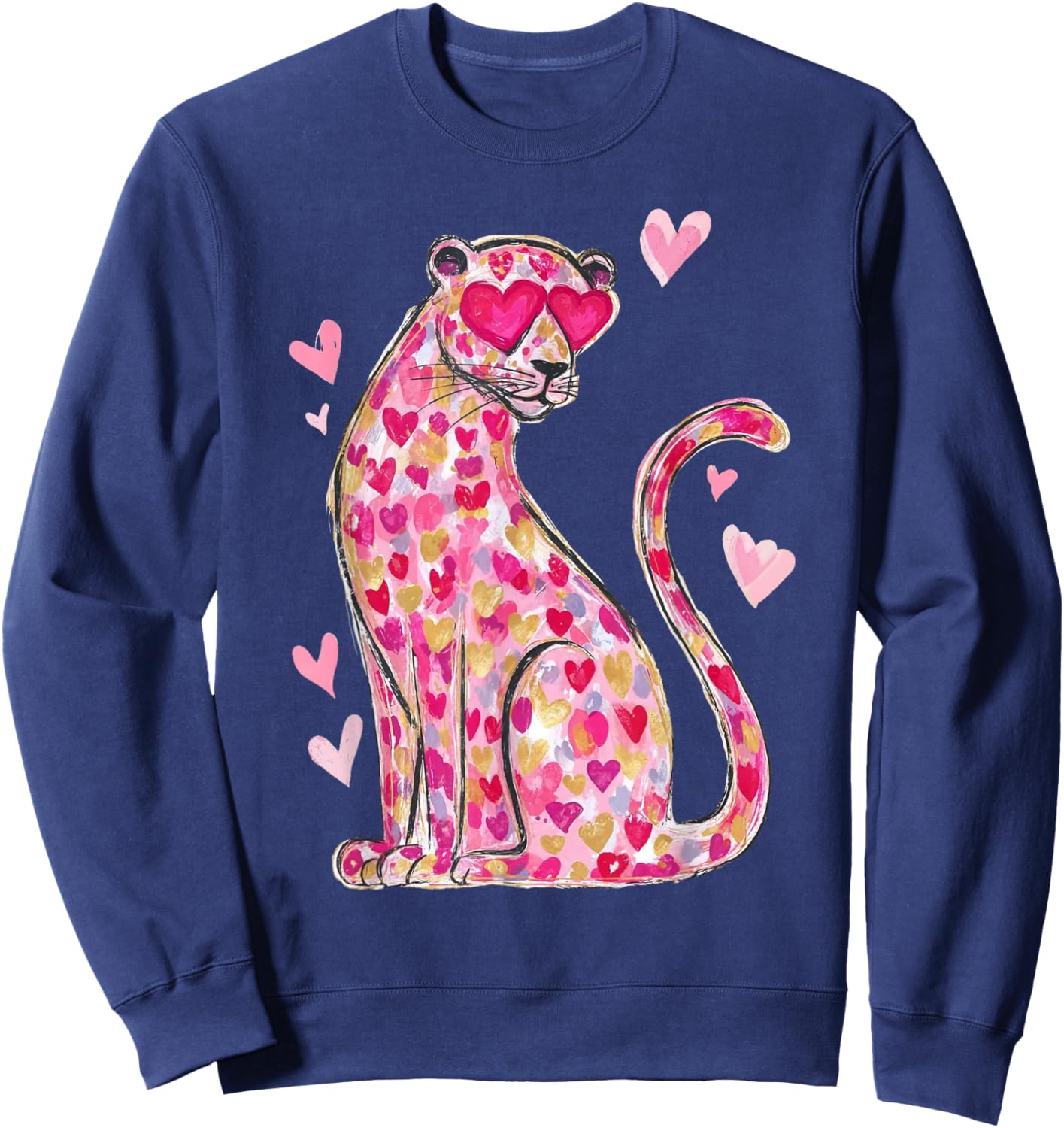 Valentine Leopard Cat Cheetah Pink Heart Retro Vintage Sweatshirt - Sweatshirt | Navy