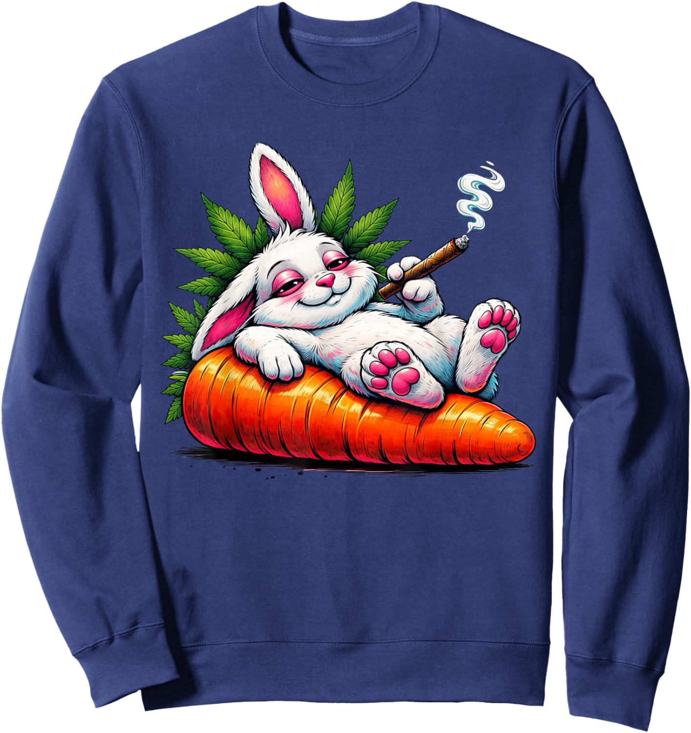 Easter Day Cannabis Marijuana Stoned 420 Bunny Smoking Weed Sweatshirt - Sweatshirt | Navy