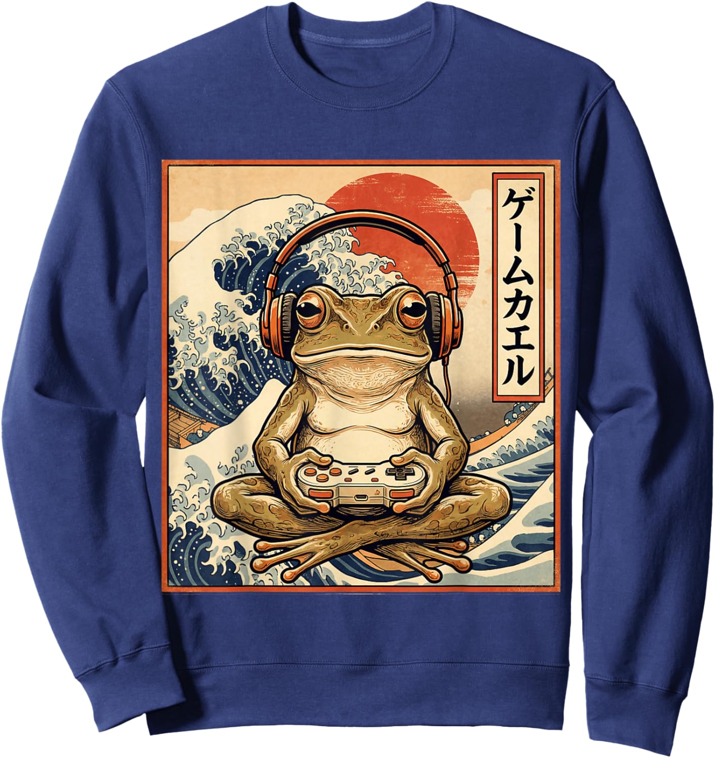 Japanese Gaming Frog Great Wave Retro Gamer Anime Vintage Sweatshirt - Sweatshirt | Navy
