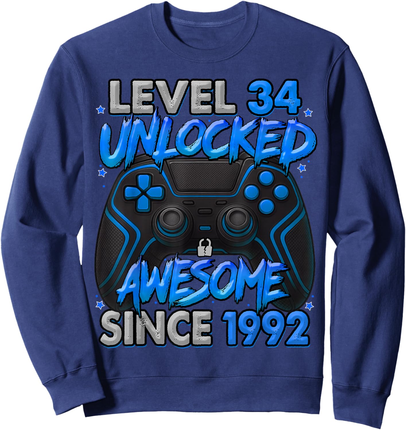 Level 34 Unlocked Awesome Since 1992 34th Birthday Gaming Sweatshirt - Sweatshirt | Navy
