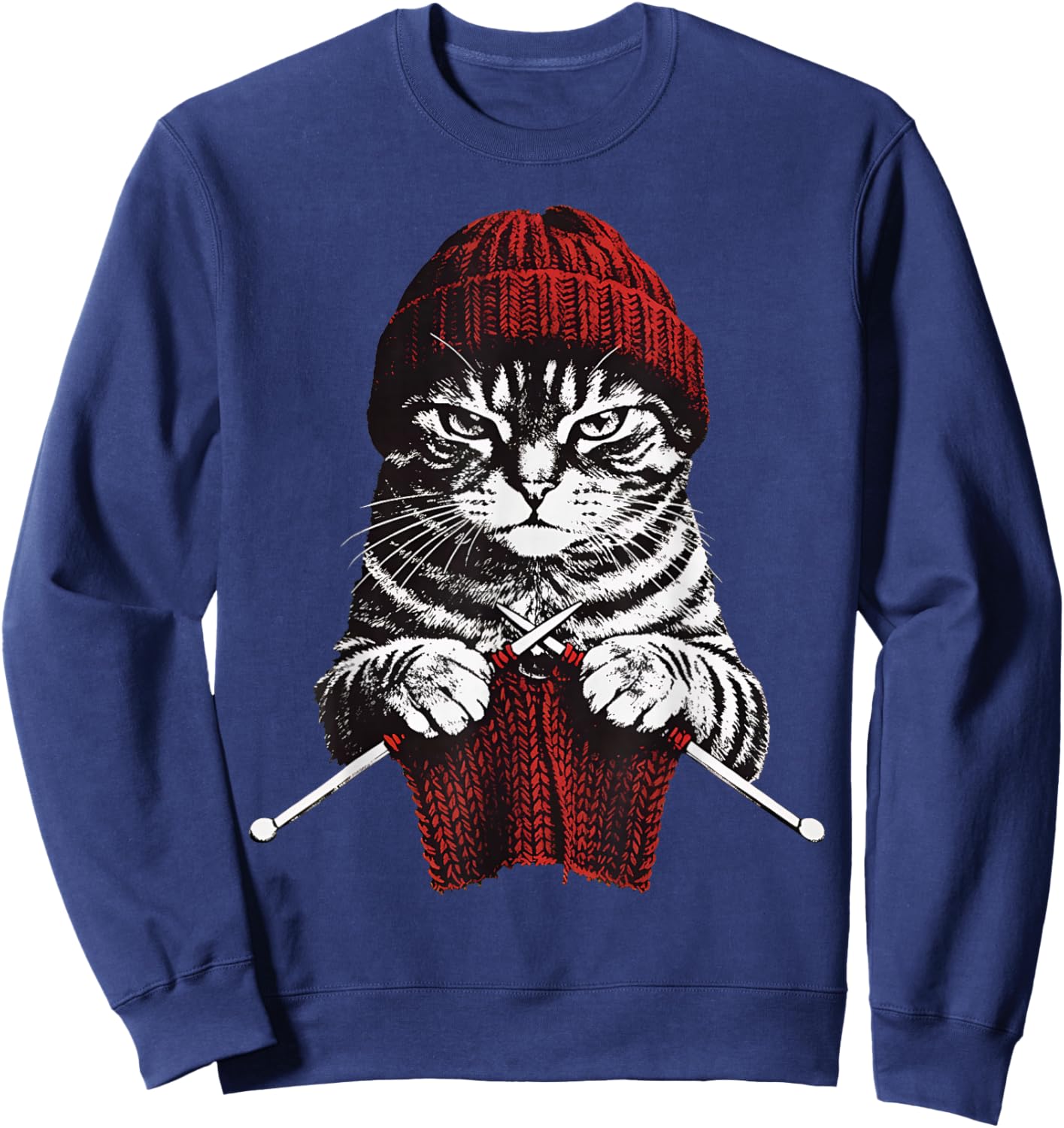 Vintage Knitting Cat Crochet Yarn Lover Cute Cat Sweatshirt - Sweatshirt | Navy