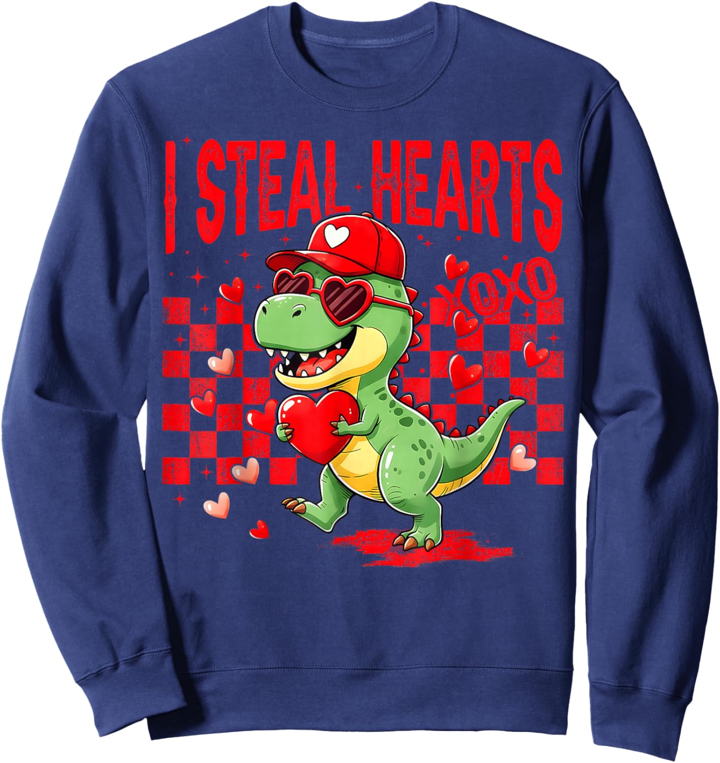 Retro Valentine Dinosaur Holding Heart, Cute I Steal Hearts Sweatshirt - Sweatshirt | Navy