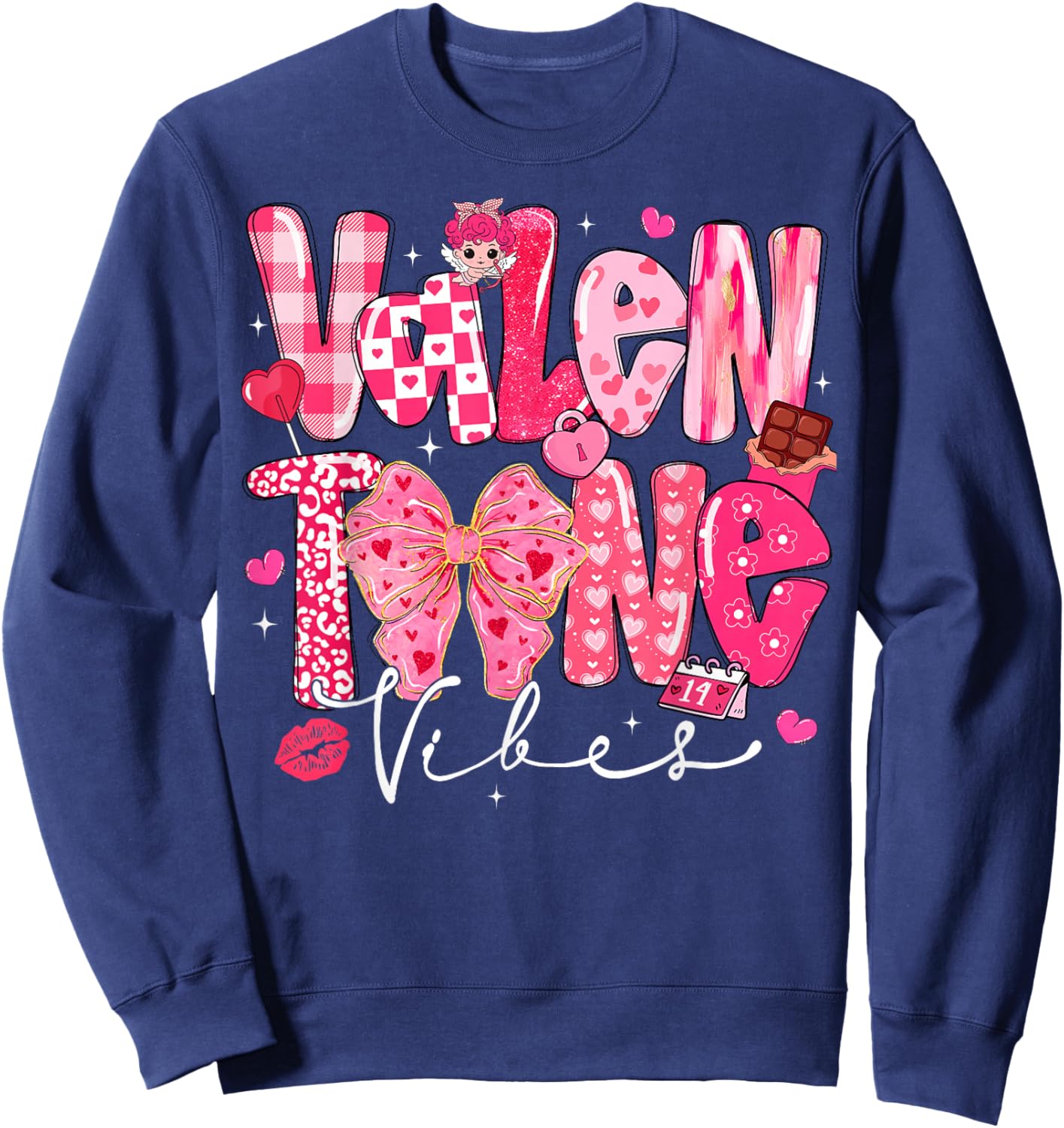 Valentine Vibes Cute Coquette Bow Red Heart Girl Women Kid Sweatshirt - Sweatshirt | Navy