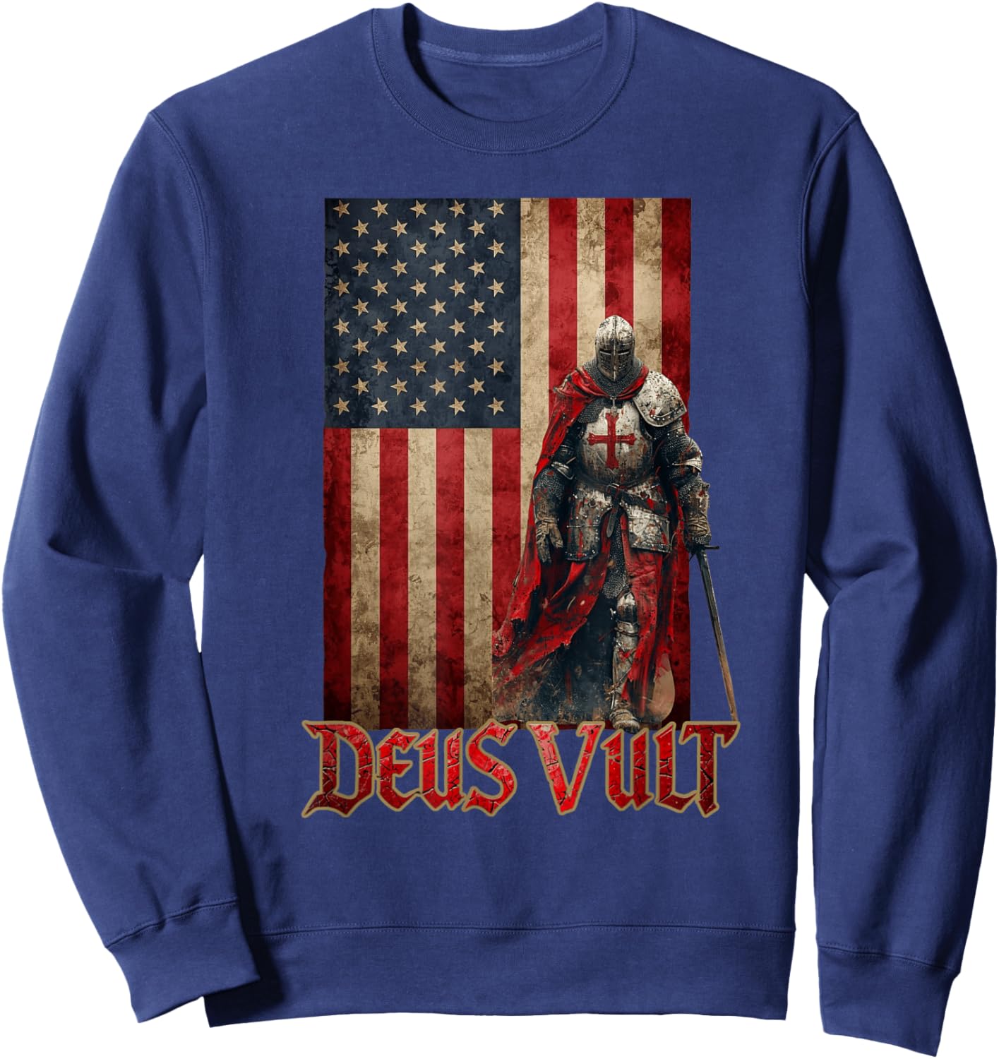 Deus Vult Knight Templar American Flag Crusader Sweatshirt - Sweatshirt | Navy