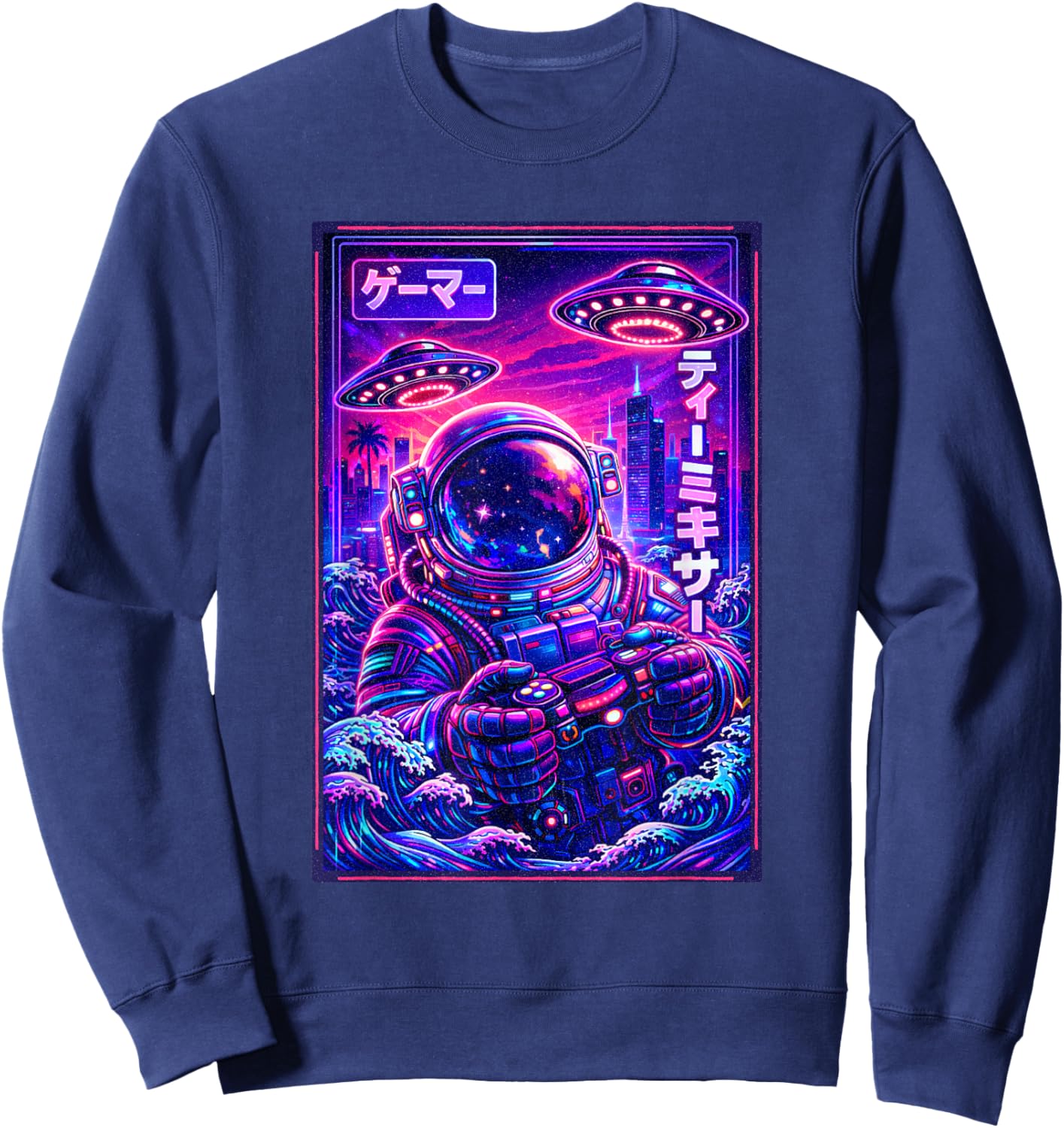 Japanese Synthwave Sci Fi UFO Astronaut Graphic Cool Gamer Sweatshirt - Sweatshirt | Navy
