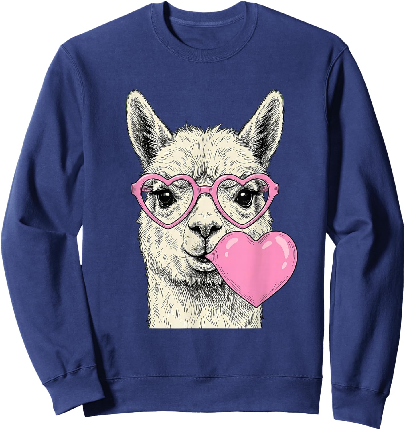 Cute Alpaca Blowing Pink Valentine Heart Bubble Gum Sweatshirt - Sweatshirt | Navy