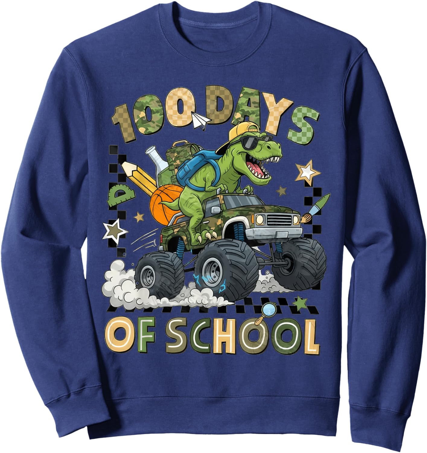 100 Days of School Monster Truck Camo 100th Day School Boys Sweatshirt - Sweatshirt | Navy