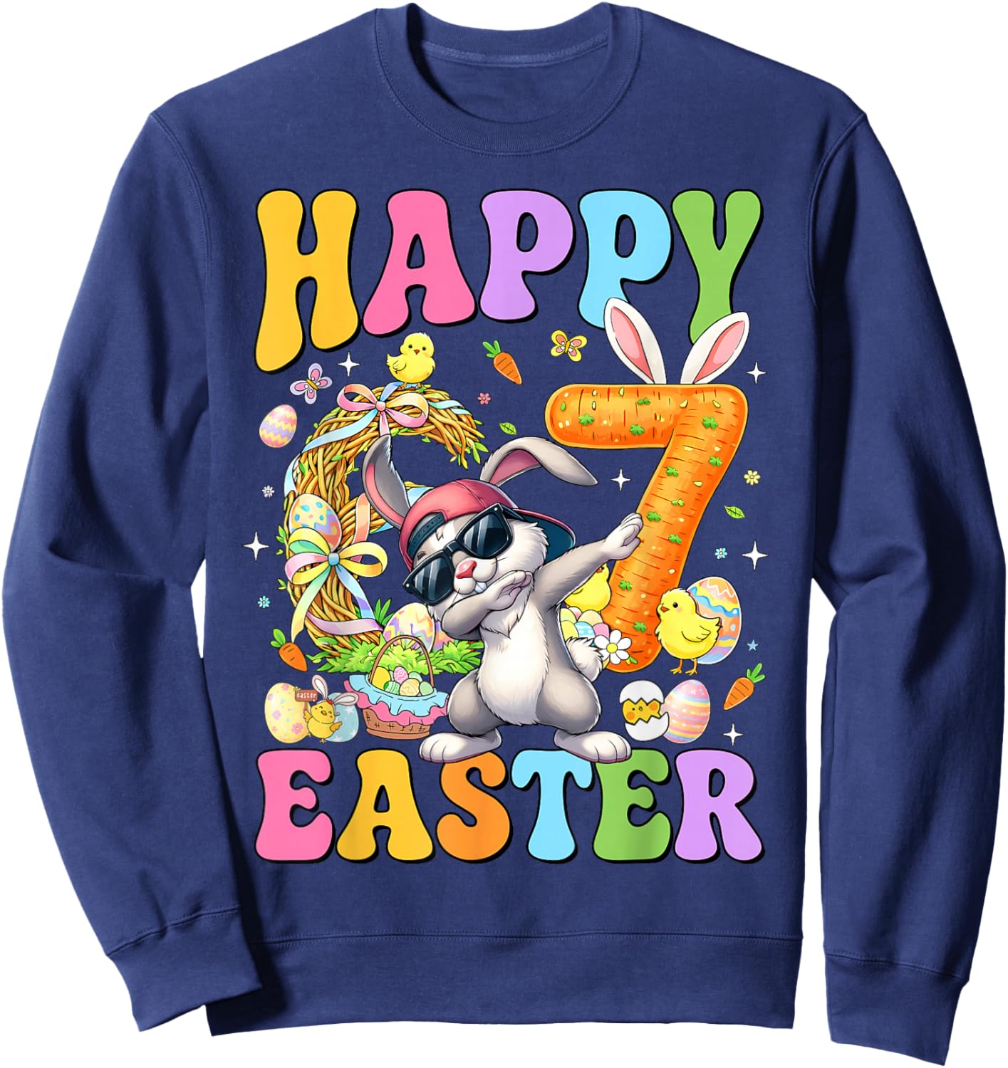 Happy 6 7 Easter Funny Bunny Dabbing Happy Easter Day Kids Sweatshirt - Sweatshirt | Navy