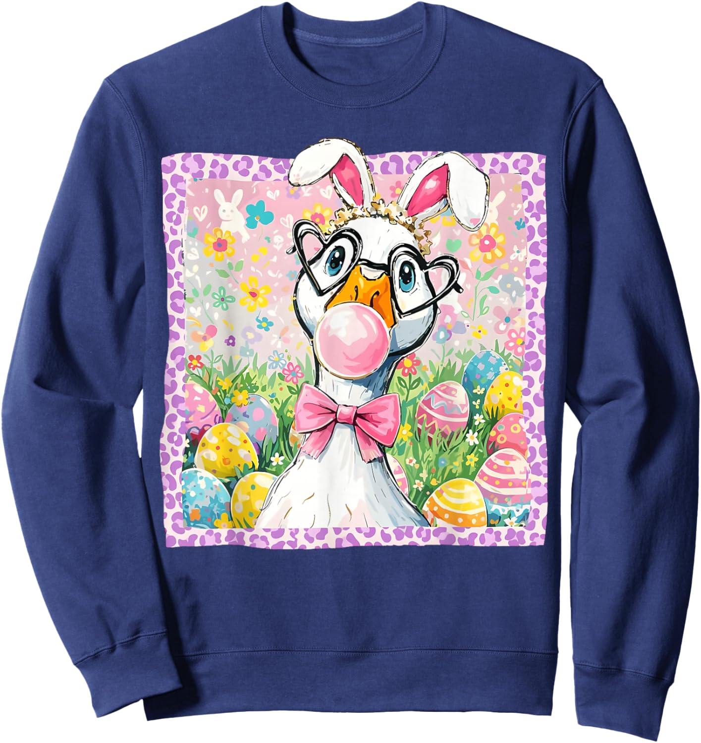 Preppy Easter Silly Goose Bubblegum Coquette Bunny Ears Sweatshirt - Sweatshirt | Navy