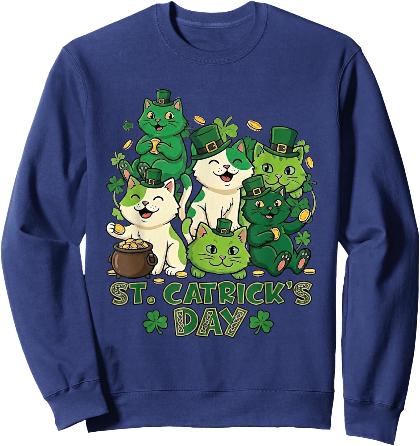 St Catricks Day Funny Cat Lover Leprechaun Kitten Graphic Sweatshirt - Sweatshirt | Navy