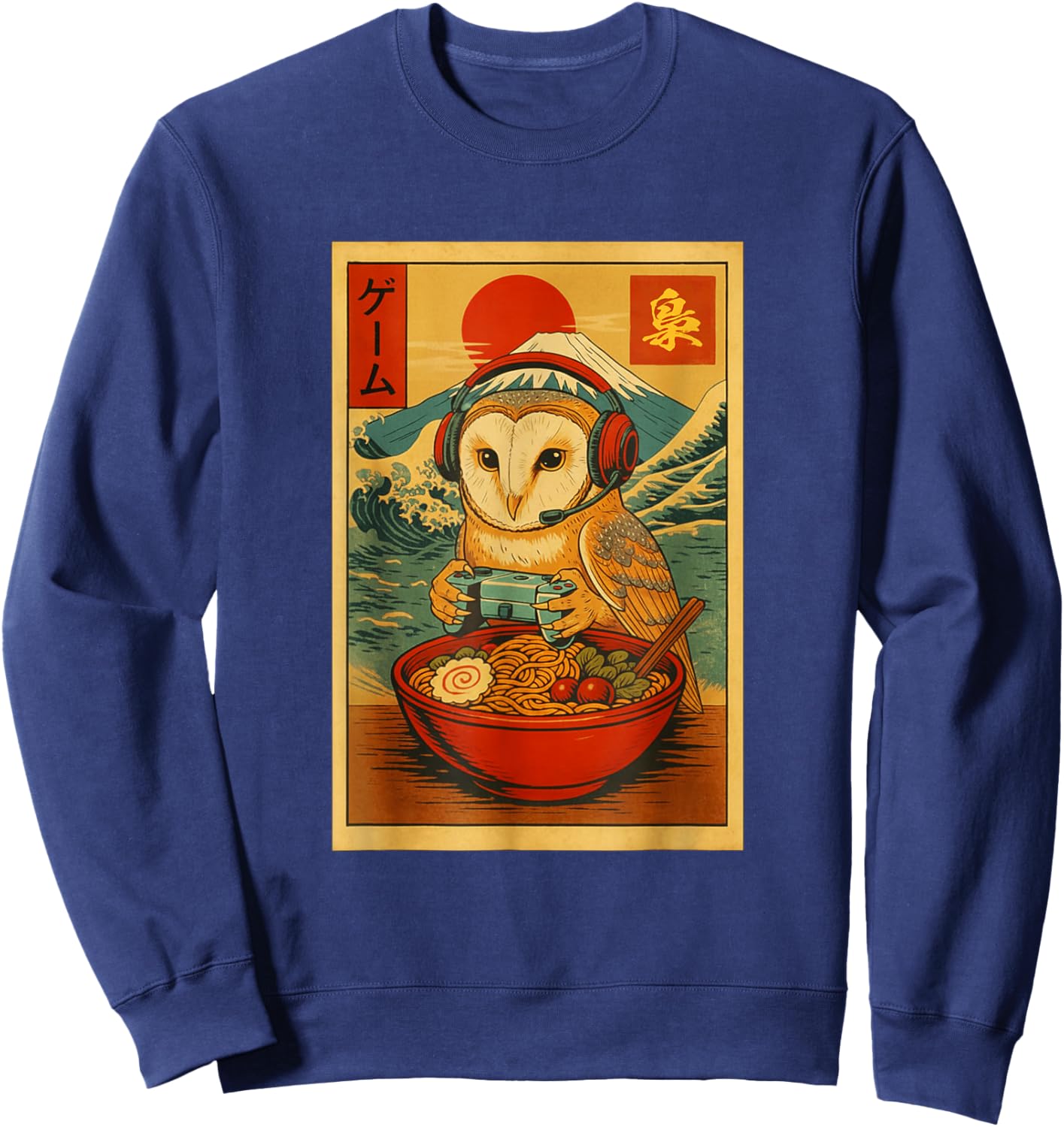 Owl Bird Gaming Ramen Japanese Ukiyo-e Great Wave Retro Art Sweatshirt - Sweatshirt | Navy