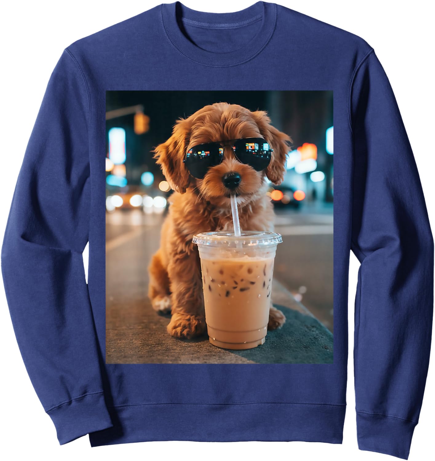 Funny Goldendoodle Drinking Iced Coffee Animal Meme Humor Sweatshirt - Sweatshirt | Navy