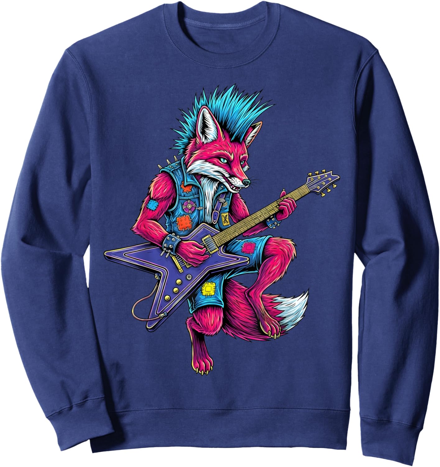 Funny Punk Fox Rocker Playing Electric Guitar Cool Music Art Sweatshirt - Sweatshirt | Navy
