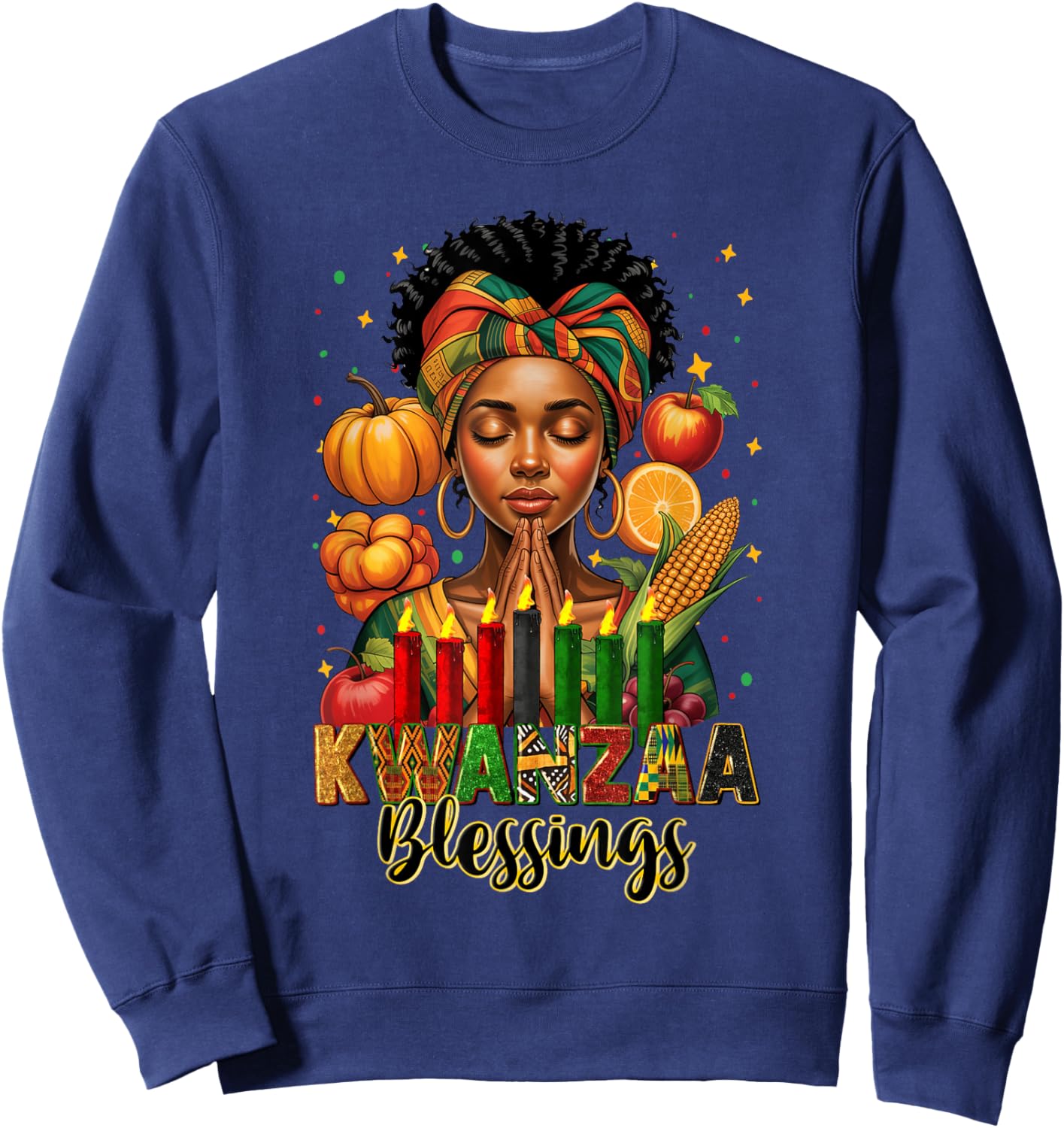 Kwanzaa Blessings Pray Black Woman Afro American Christian Sweatshirt - Sweatshirt | Navy