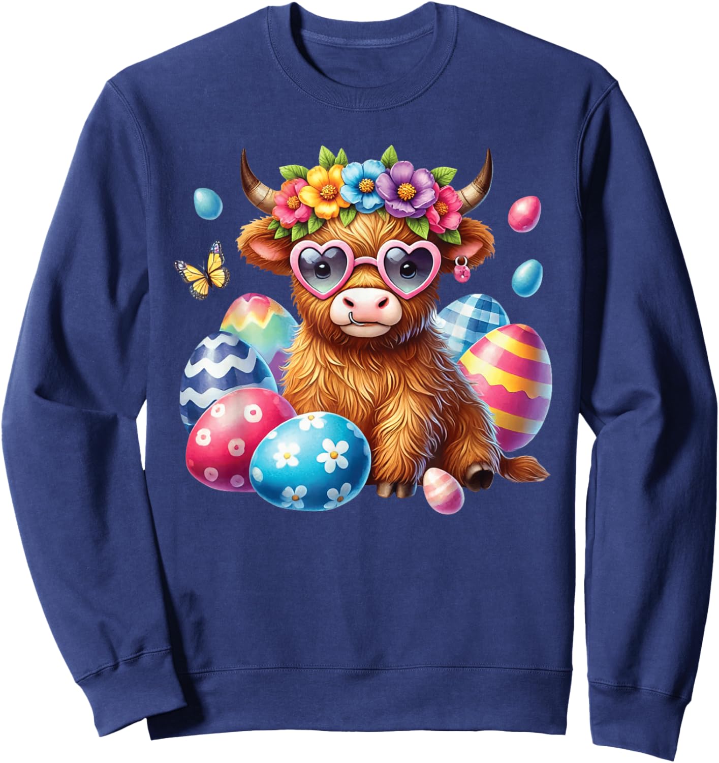 Happy Easter Highland Cow Heifer Easter Day Farmer Cowgirl Sweatshirt - Sweatshirt | Navy