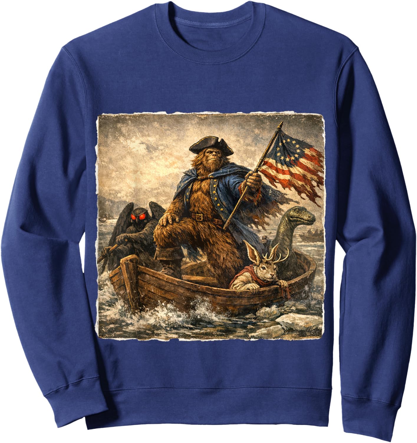 Bigfoot Crossing The Delaware Patriotic Funny 4th of July Sweatshirt - Sweatshirt | Navy