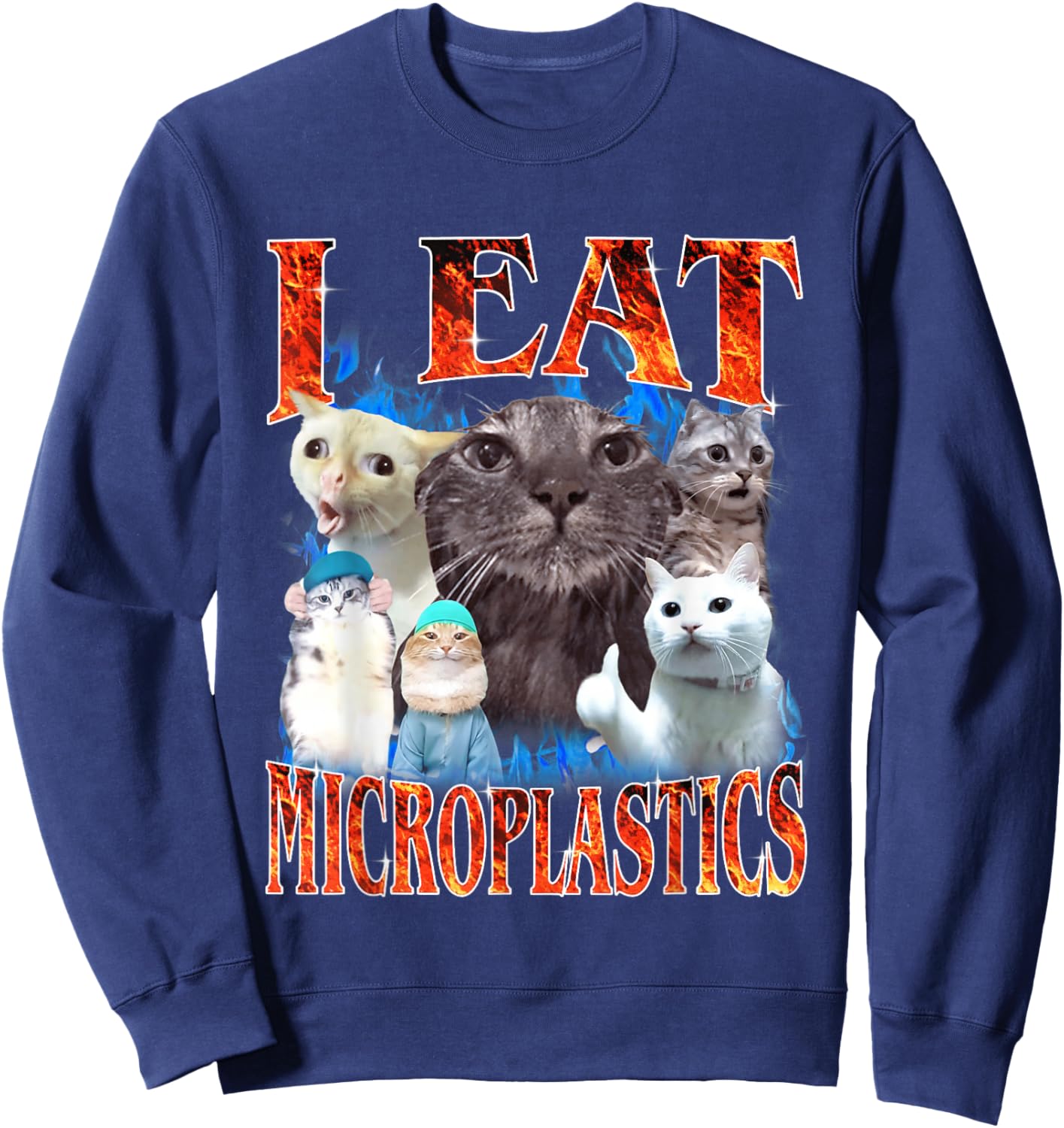 I Eat Microplastics Funny Cat Meme Y2K Bootleg Graphic Sweatshirt - Sweatshirt | Navy