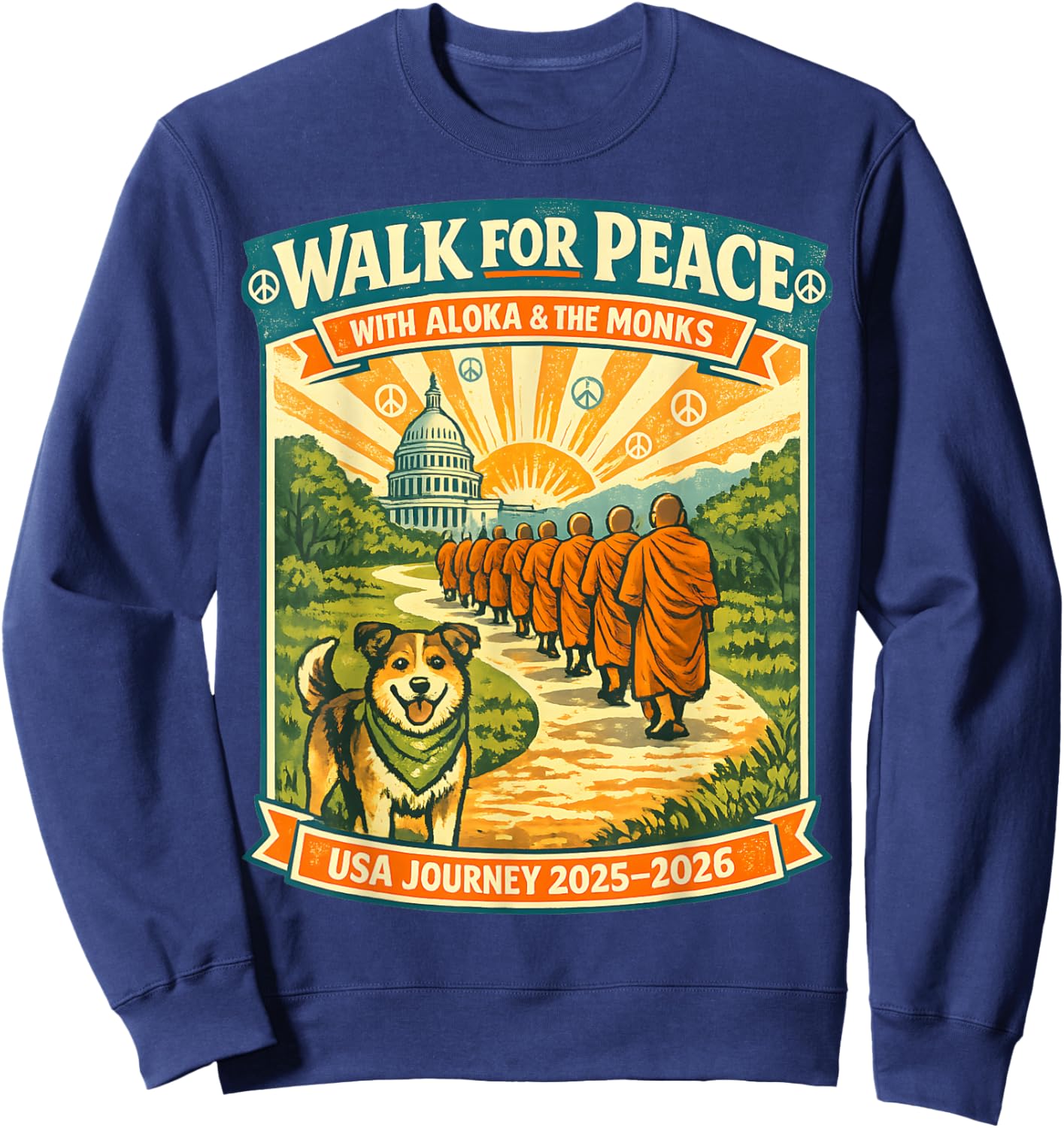 Walk for Peace Monks Dog USA Journey 2025-2026 Vintage Zen Sweatshirt - Sweatshirt | Navy