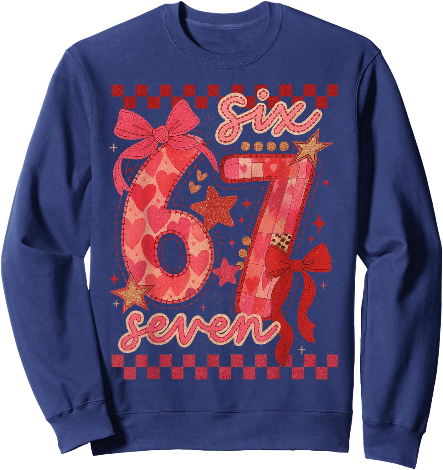 Six Seven Valentine 6 7 Meme Checkered Coquette Bow Sweatshirt - Sweatshirt | Navy