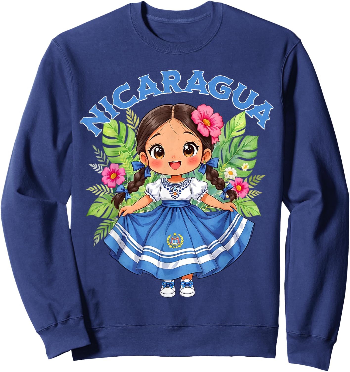 Cute Nicaragua Girl Traditional Dress with Flag Art for Kids Sweatshirt - Sweatshirt | Navy