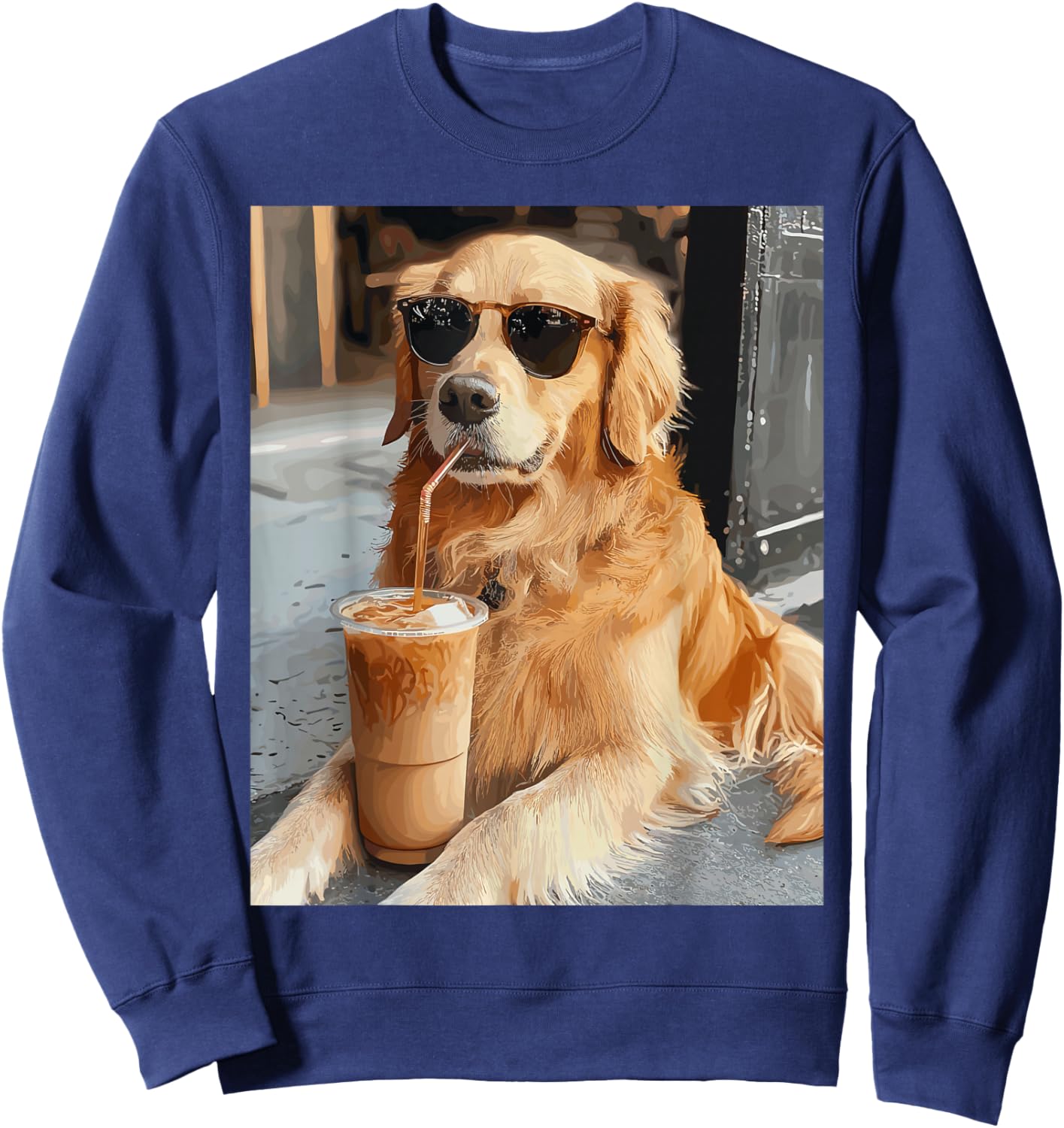 Golden Retriever Drinking Iced Coffee Sweatshirt - Sweatshirt | Navy
