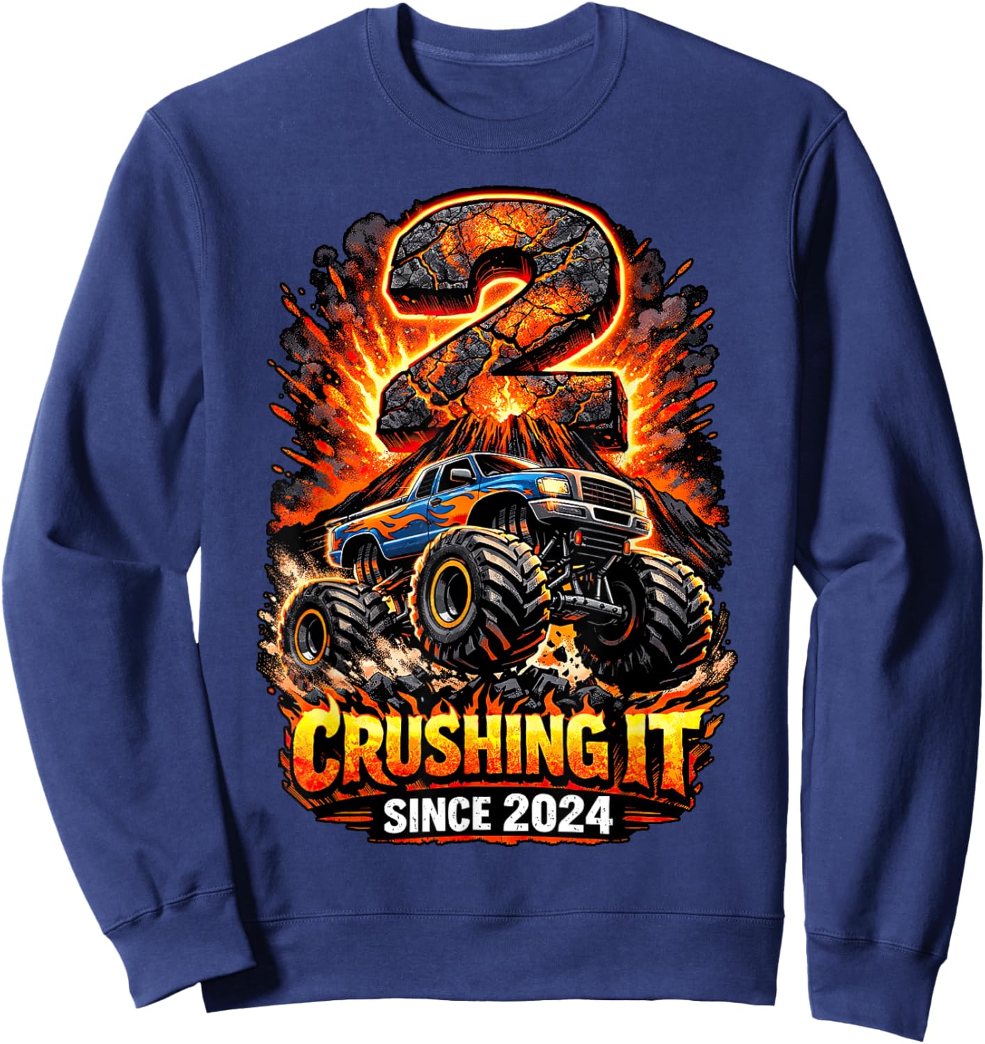 Birthday Monster Truck 2 Year Old Boys 2nd Party Born 2024 Sweatshirt - Sweatshirt | Navy