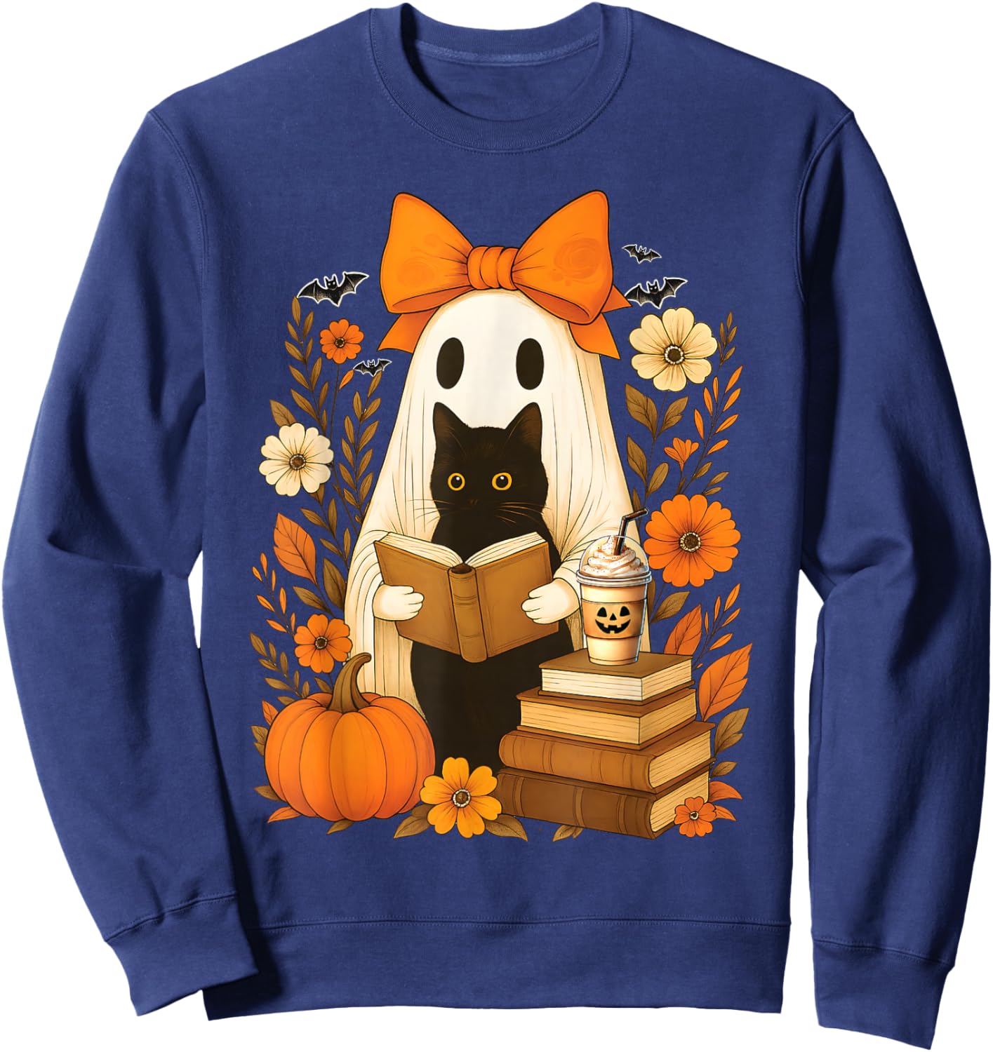 Groovy Floral Vintage Halloween Ghost Reading Book Cat Lover Sweatshirt - Sweatshirt | Navy