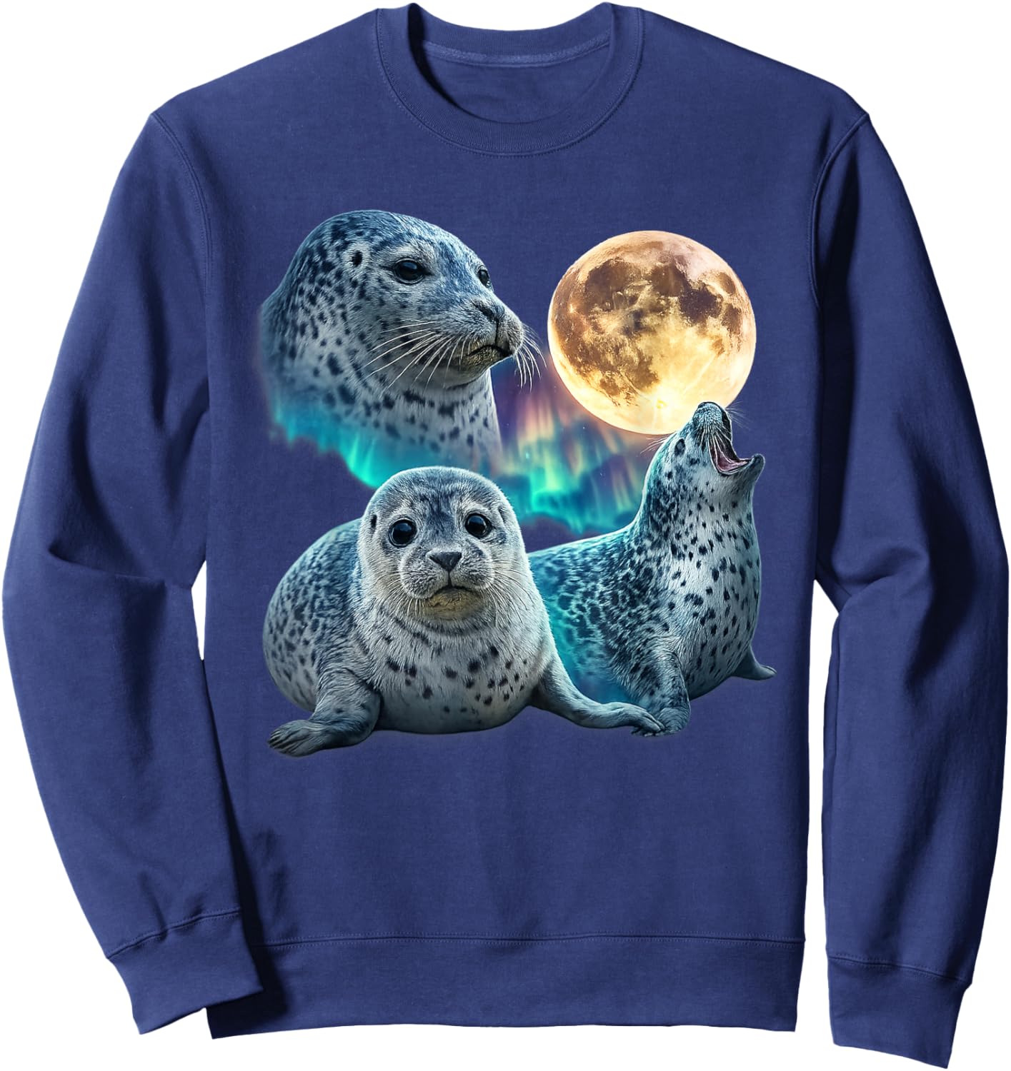 Three Baby Seals Moon Vintage Graphic 90s Funny Sweatshirt - Sweatshirt | Navy