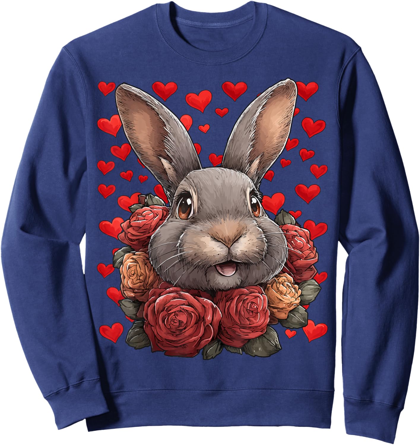 Cute Rabbit with Red Roses Hearts Valentine’s Day Animal Sweatshirt - Sweatshirt | Navy