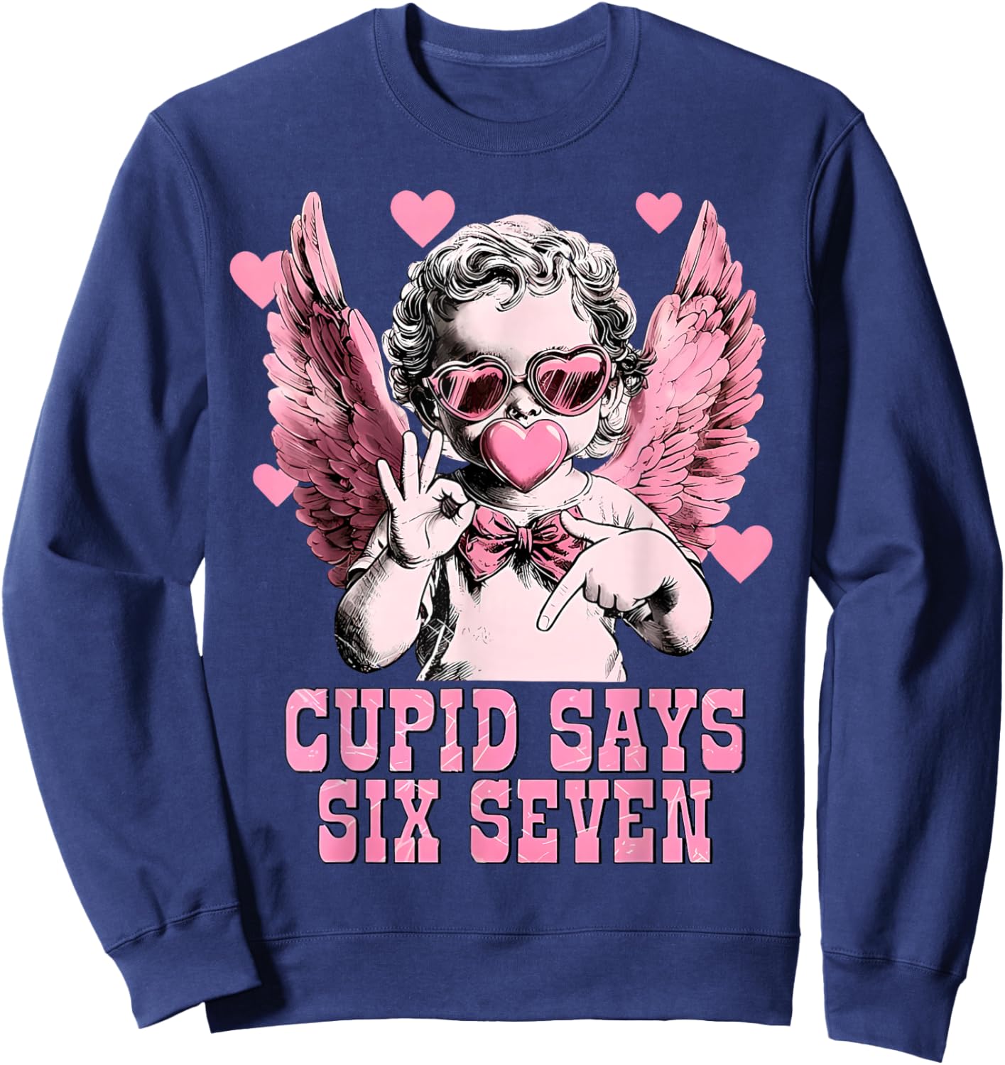 Retro Cupid Says Six Seven Hands Sign Blowing Bubble Hearts Sweatshirt - Sweatshirt | Navy