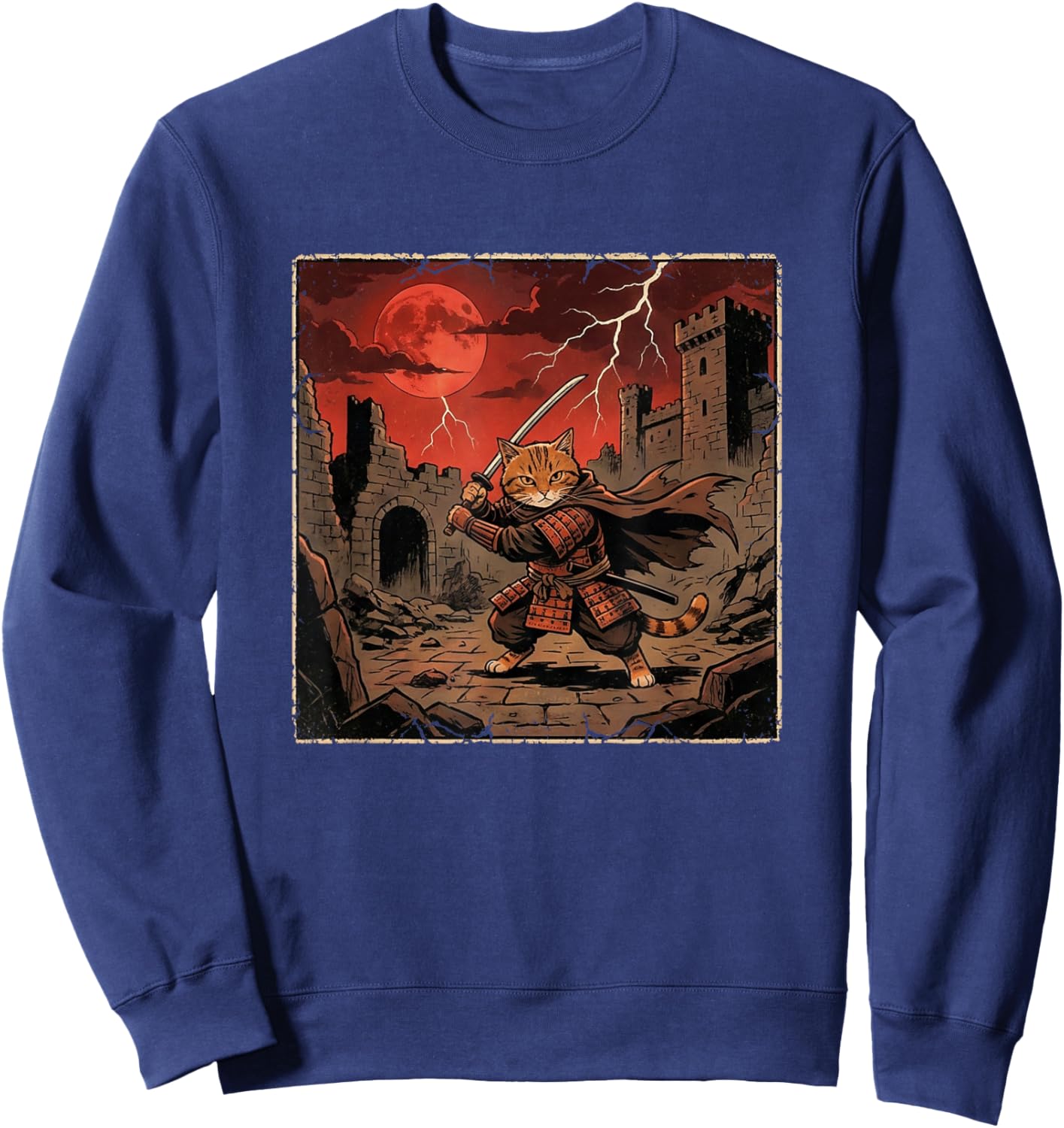 Japanese Vintage Warrior Samurai Orange Tabby Cat Sweatshirt - Sweatshirt | Navy