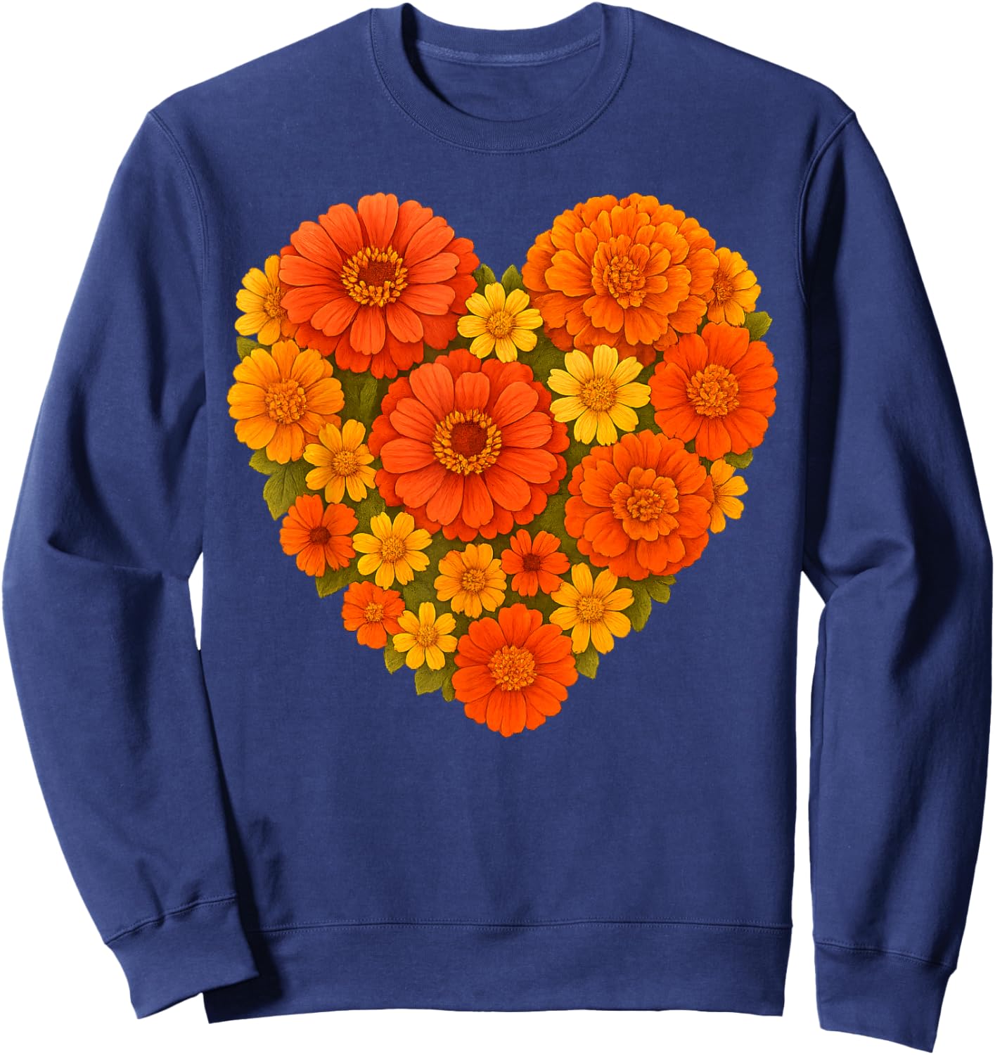 Heart Shaped Orange Yellow Marigold Zinnia Bouquet Botanical Sweatshirt - Sweatshirt | Navy