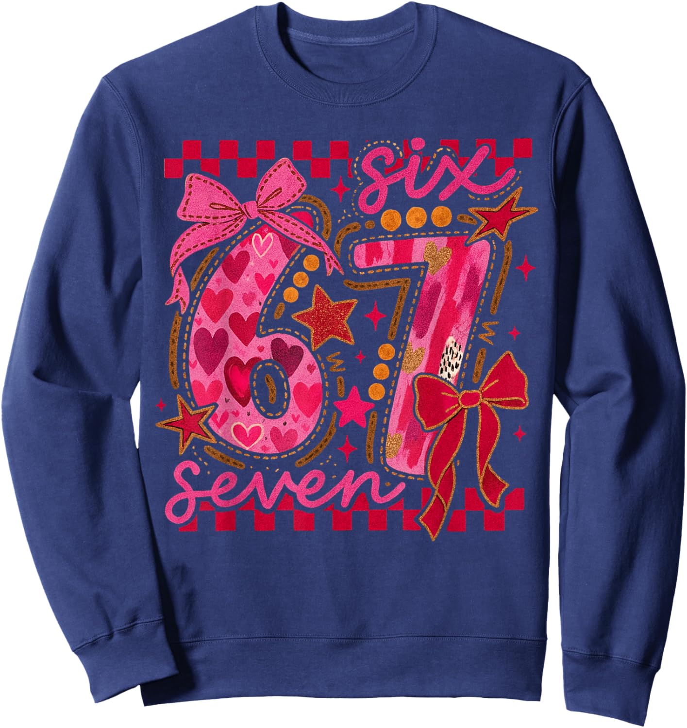Six Seven Valentine 6 7 Meme Checkered Coquette Bow Sweatshirt - Sweatshirt | Navy