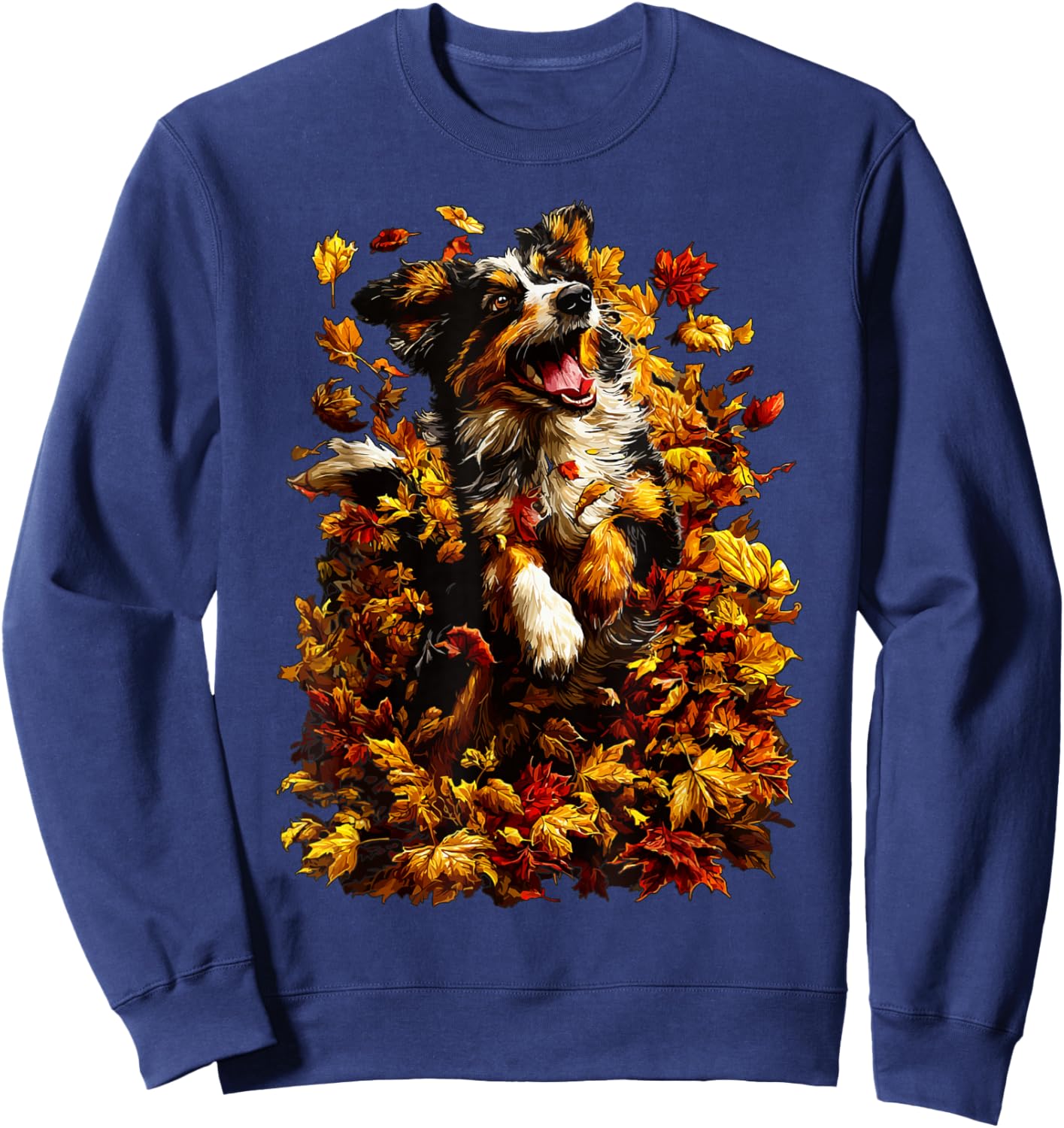 Cute Australian Shepherd with Fall Leaves Autumn Aesthetic Sweatshirt - Sweatshirt | Navy