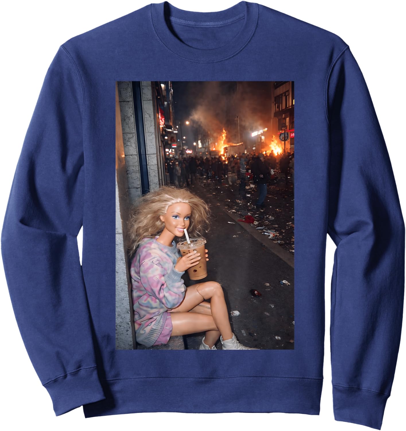 Funny Disaster Doll Face Meme Drinking Iced Coffee Chaotic Sweatshirt - Sweatshirt | Navy