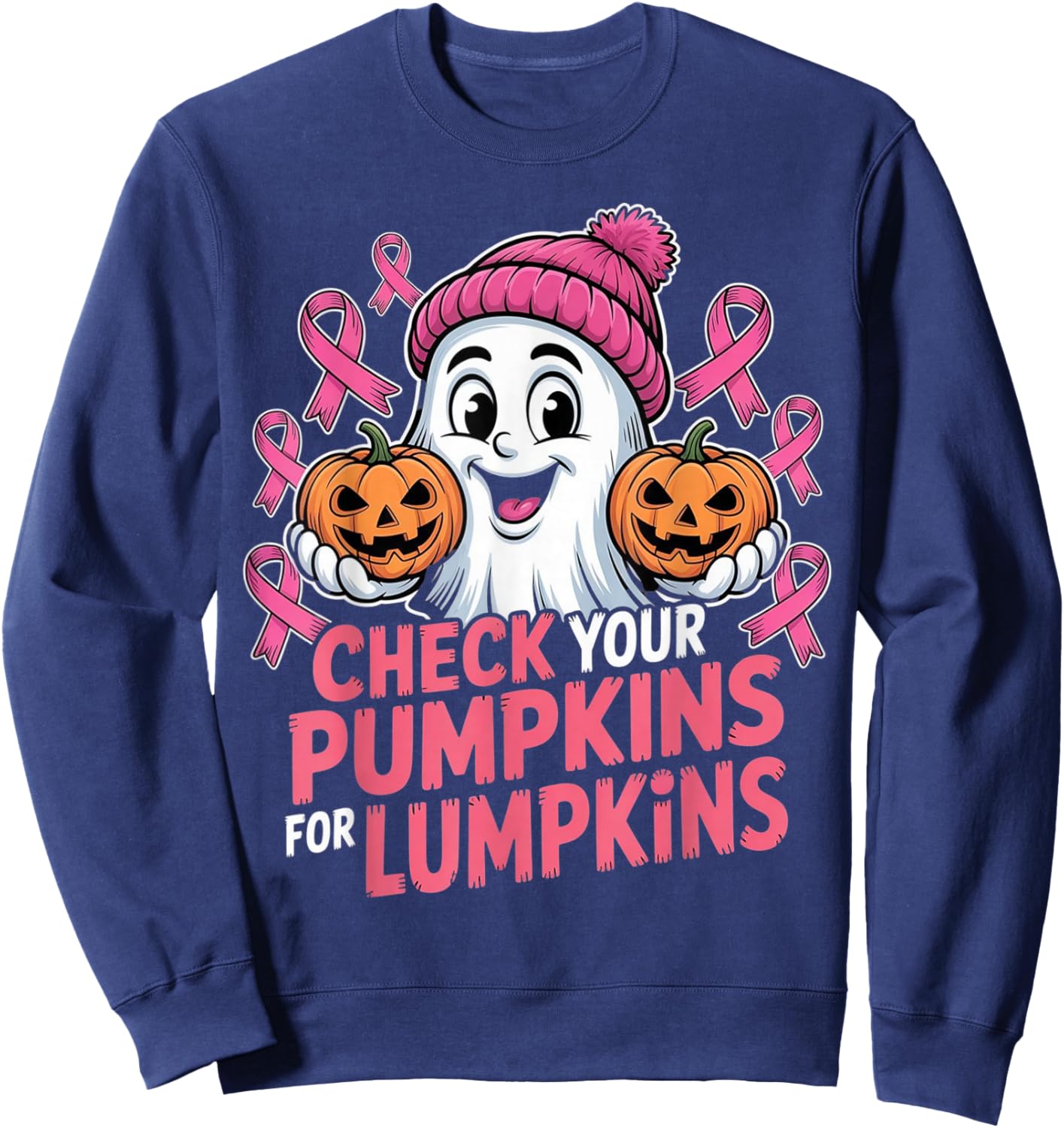 Check Your Pumpkins for Lumpkins Halloween Breast Cancer Sweatshirt - Sweatshirt | Navy