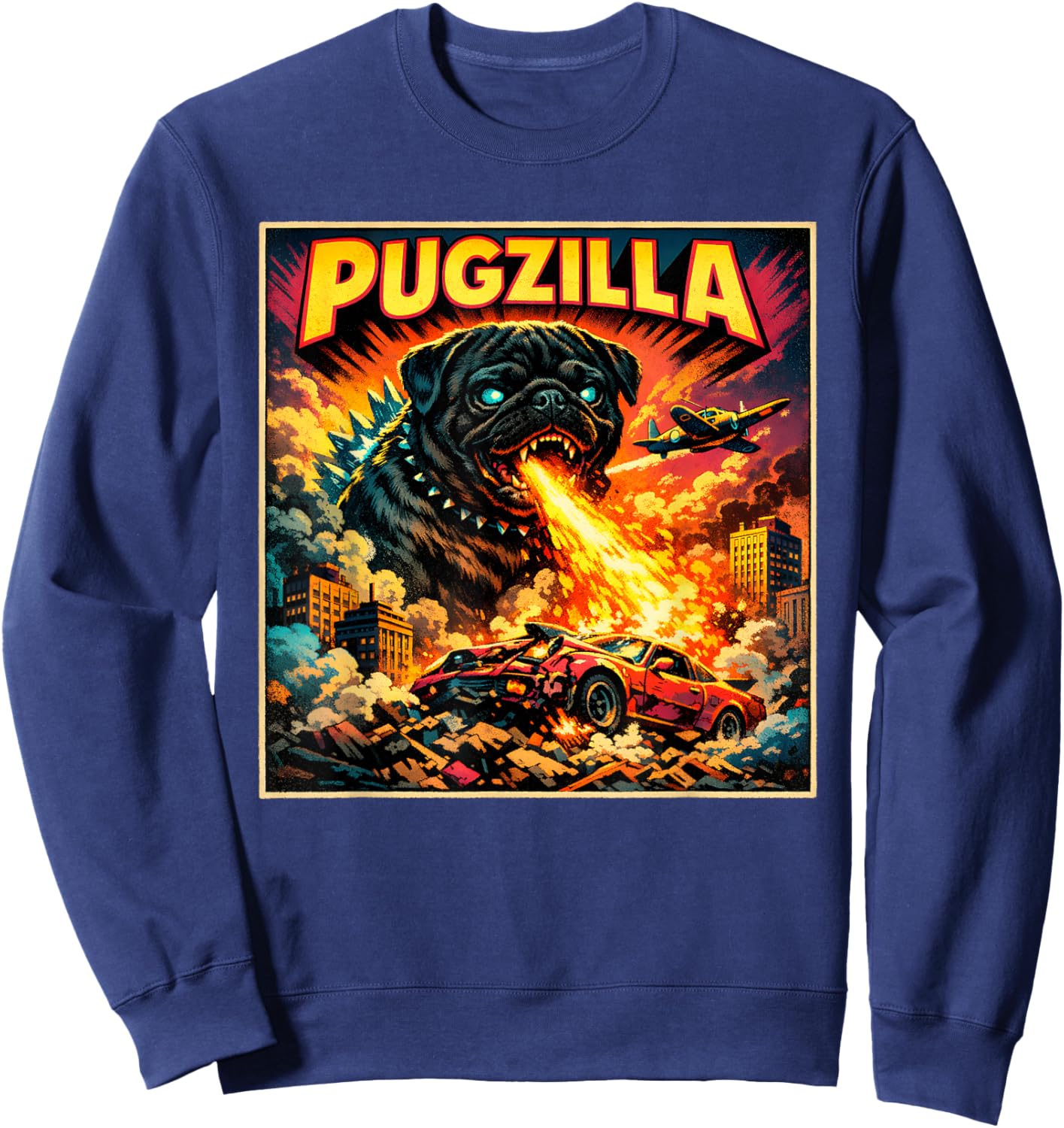 Retro Pugzilla Cute Pug Funny Youth Life from Dad Mom Meme Sweatshirt - Sweatshirt | Navy
